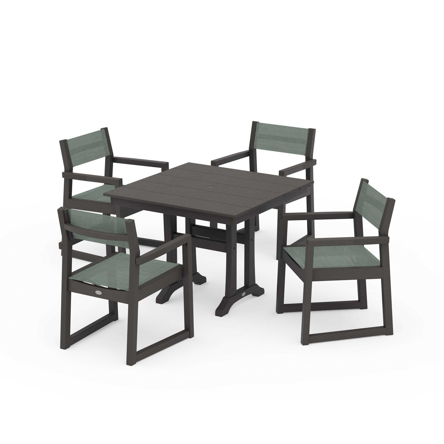 POLYWOOD EDGE Sling 5-Piece Farmhouse Dining Set with Trestle Legs — Vintage Coffee / Dupioni Sea Mist Sling