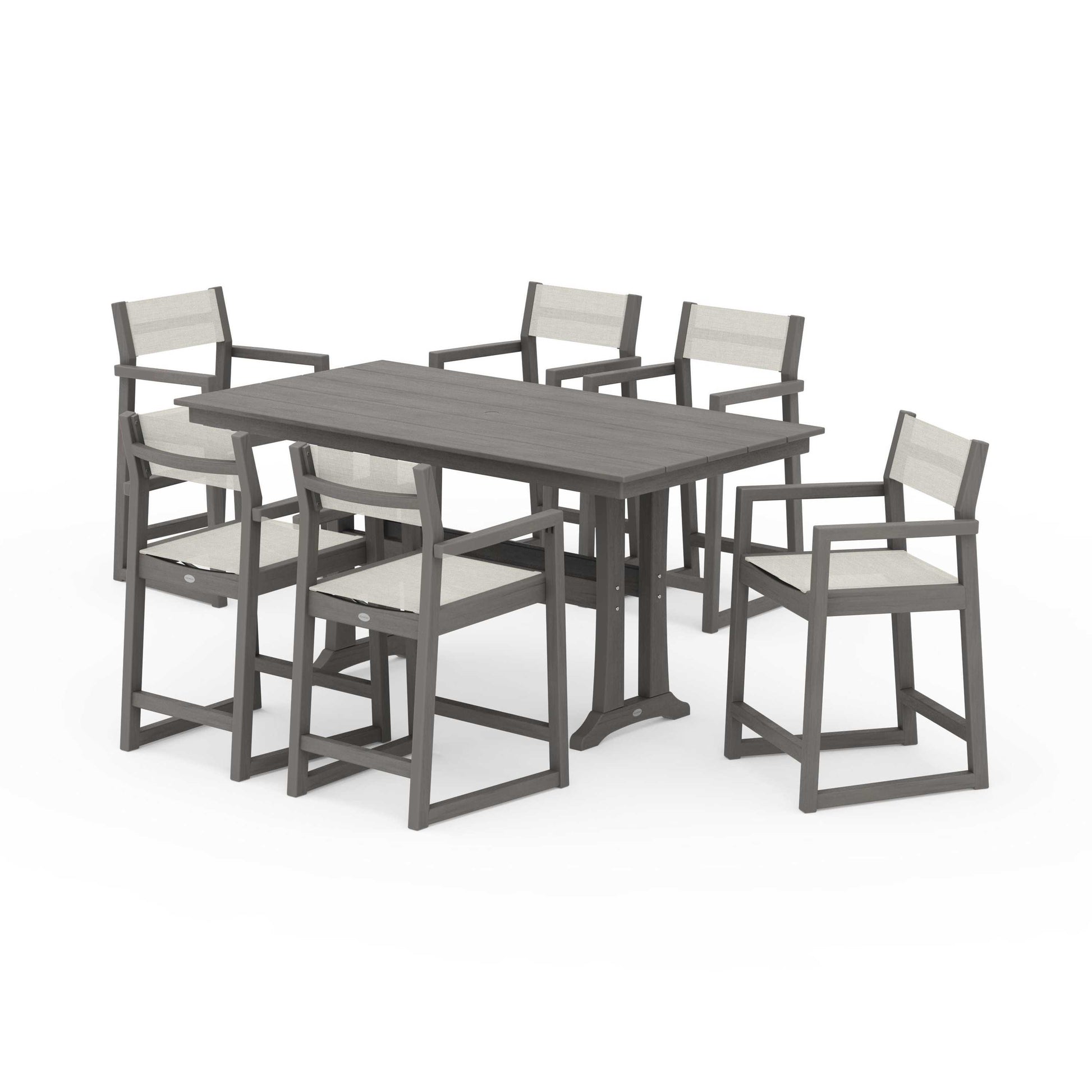 POLYWOOD EDGE Sling Arm Chair 7-Piece Farmhouse Counter Set with Trestle Legs — Driftwood / Parchment Sling