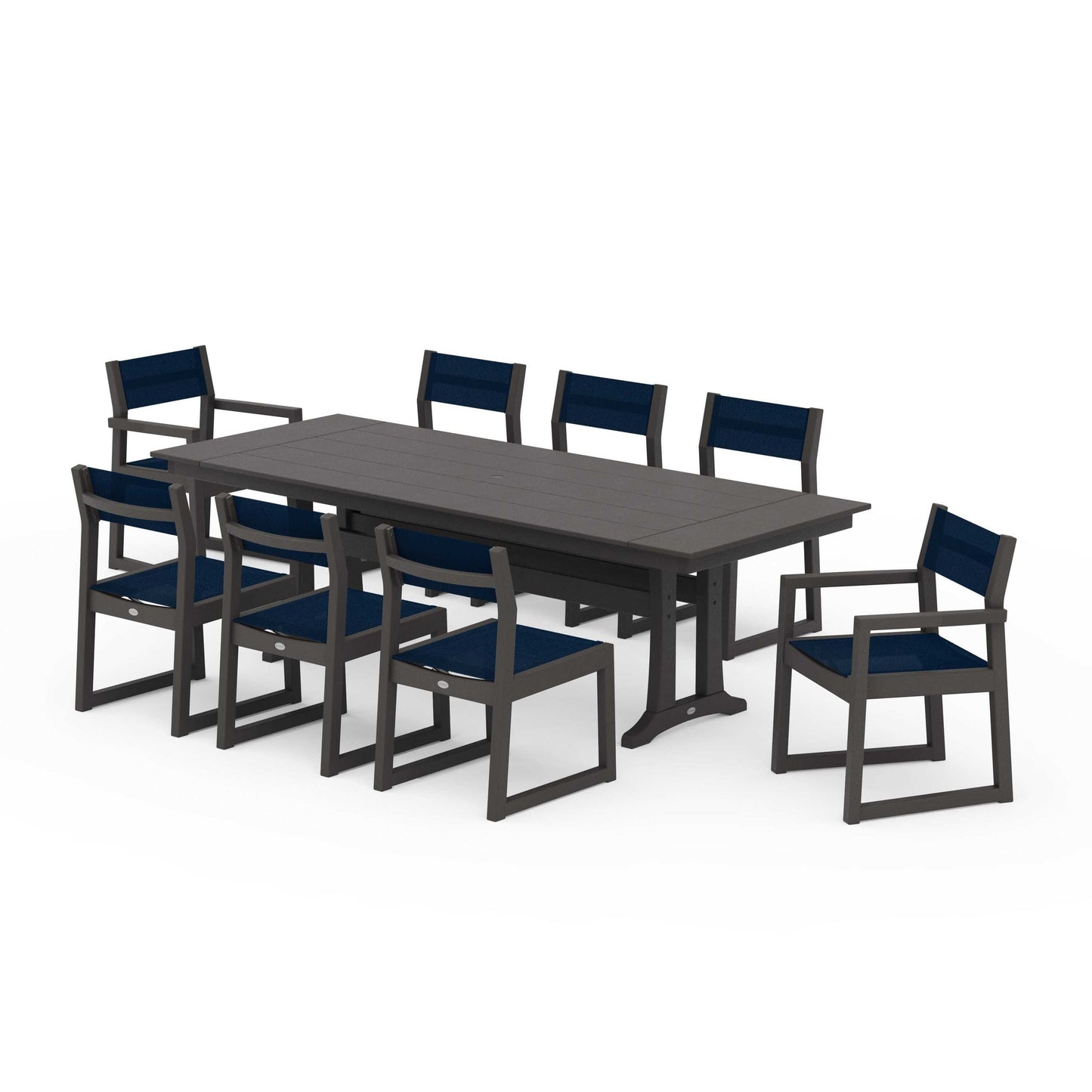 POLYWOOD EDGE Sling 9-Piece Farmhouse Trestle Dining Set — Vintage Coffee / Navy Blue Sling