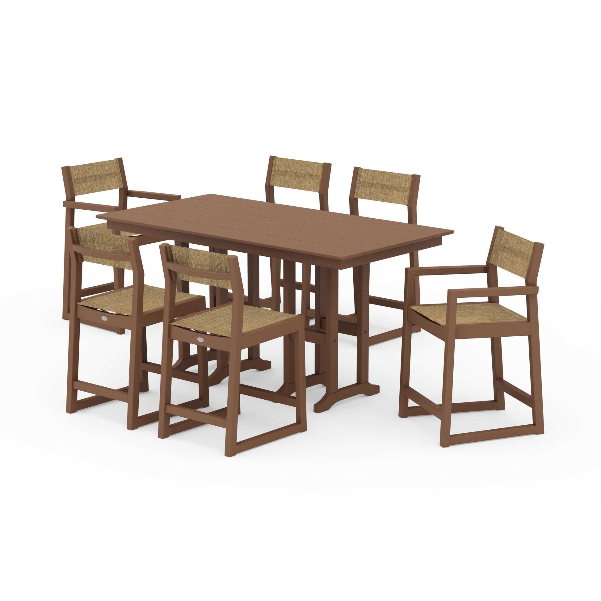 POLYWOOD EDGE Sling 7-Piece Farmhouse Counter Set with Trestle Legs — Teak / Burlap Sling