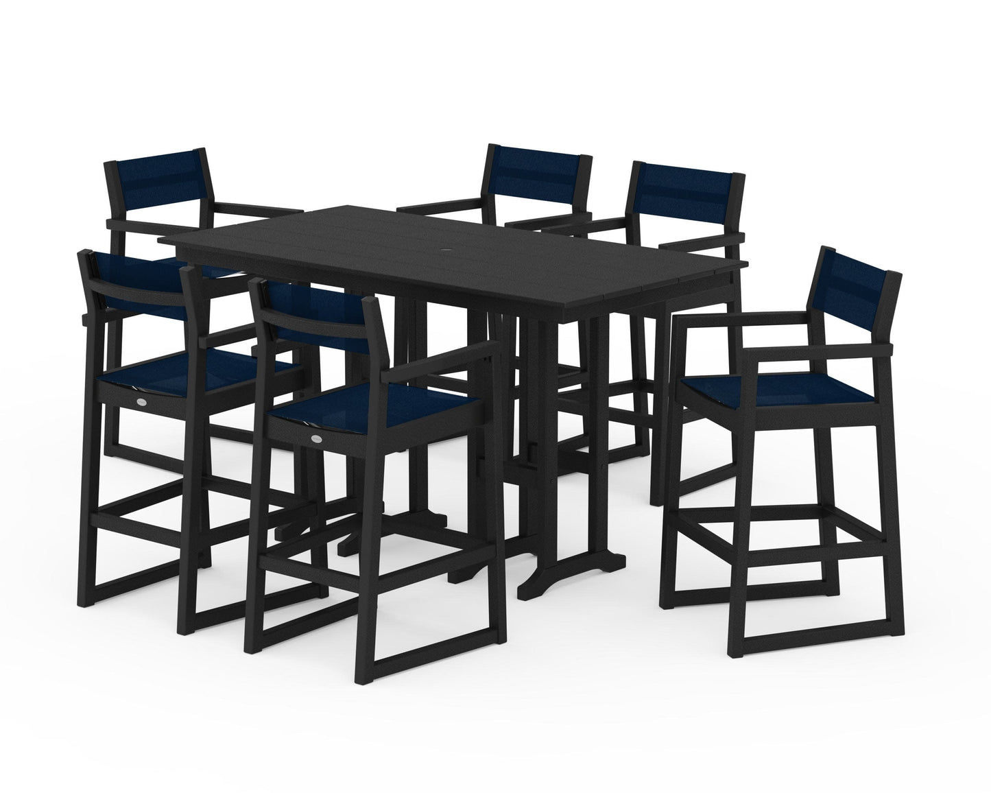 POLYWOOD EDGE Sling Arm Chair 7-Piece Farmhouse Bar Set — Black / Navy Blue Sling