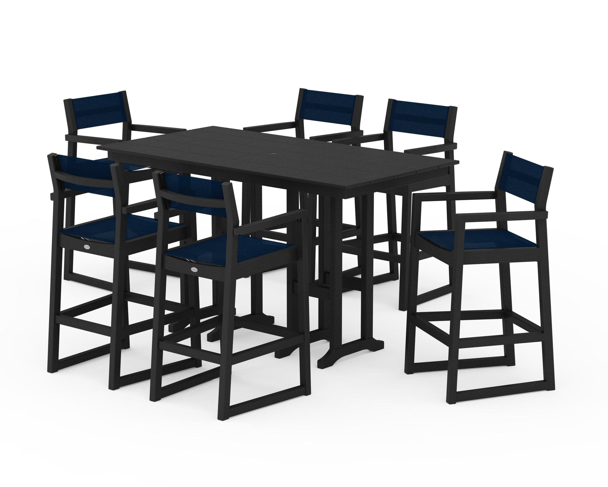 POLYWOOD EDGE Sling Arm Chair 7-Piece Farmhouse Bar Set — Black / Navy Blue Sling