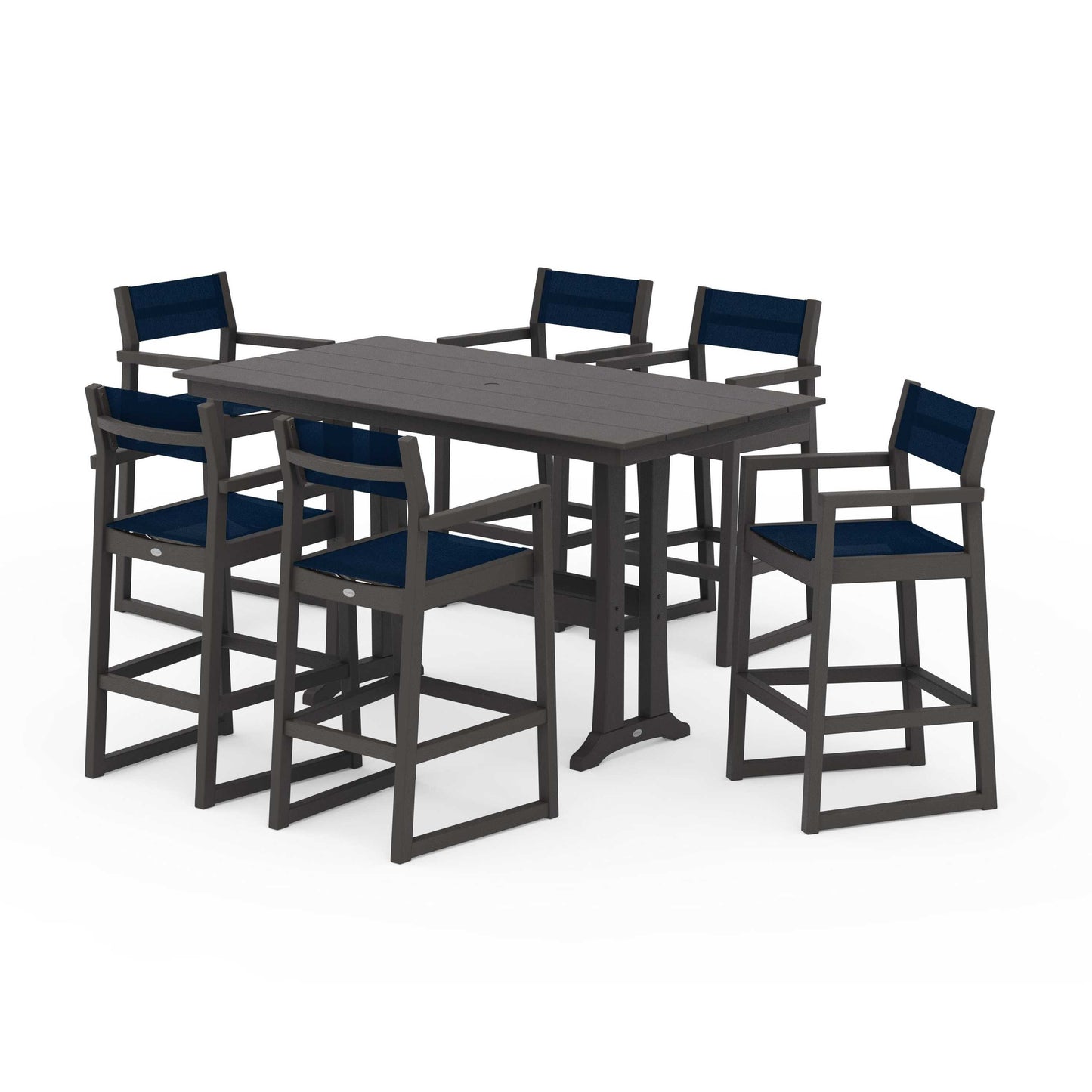 POLYWOOD EDGE Sling Arm Chair 7-Piece Farmhouse Bar Set with Trestle Legs — Vintage Coffee / Navy Blue Sling