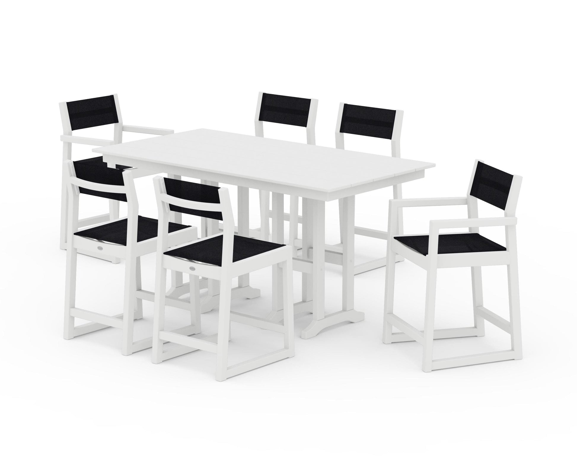 POLYWOOD EDGE Sling 7-Piece Farmhouse Counter Set with Trestle Legs — White / Black Sling