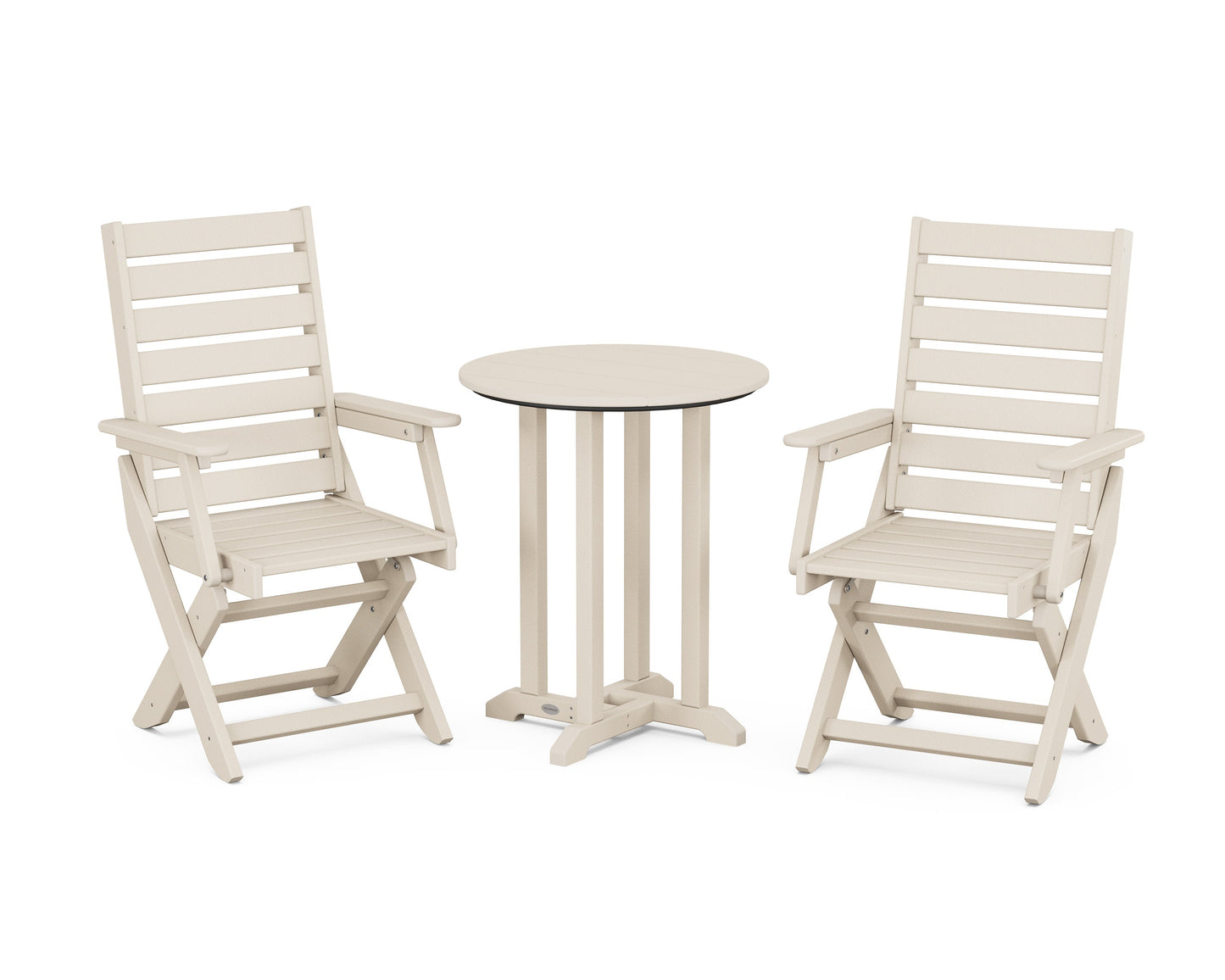 POLYWOOD Captain Folding Chair 3-Piece Round Bistro Dining Set — Sand