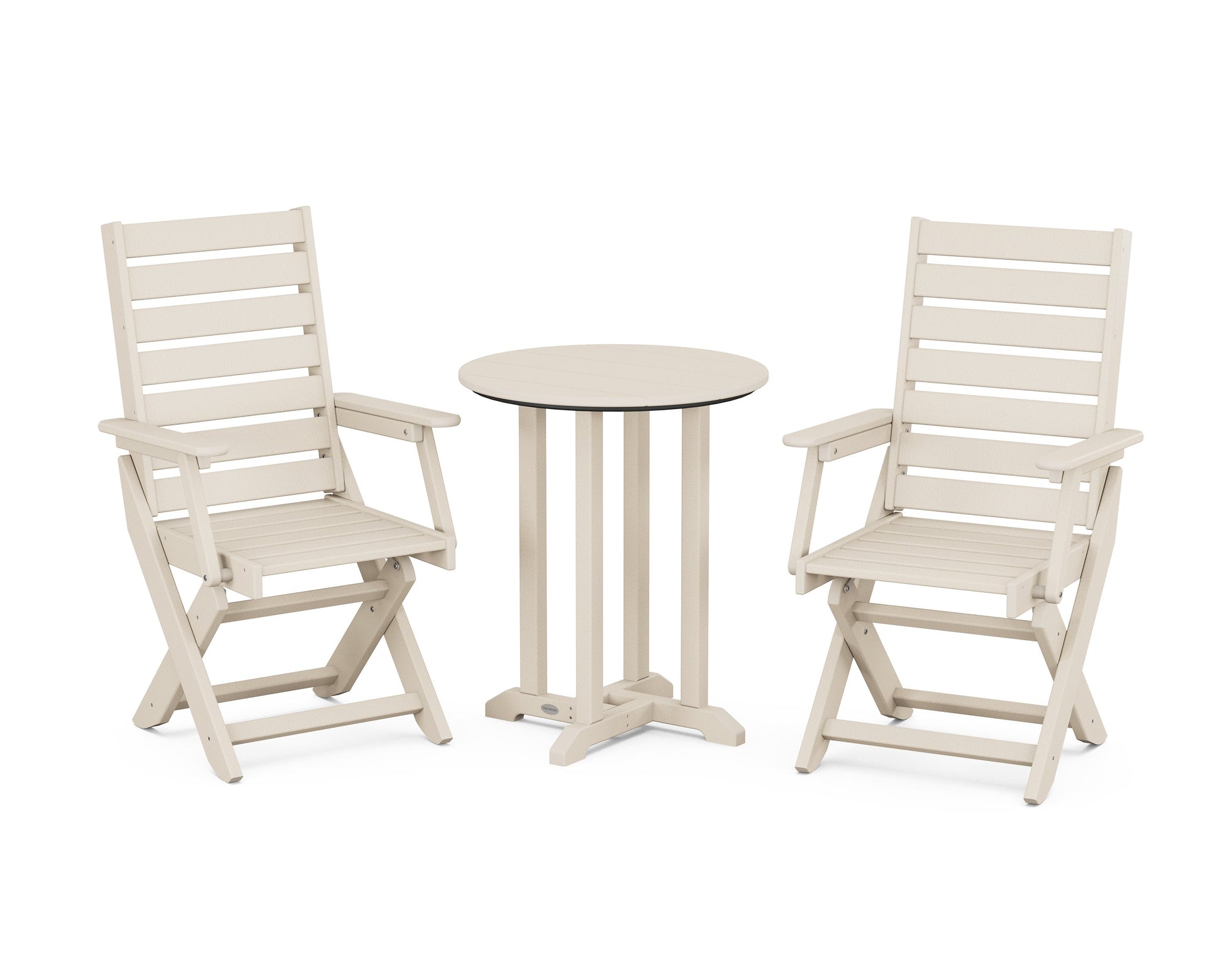 POLYWOOD Captain Folding Chair 3-Piece Round Bistro Dining Set — Sand
