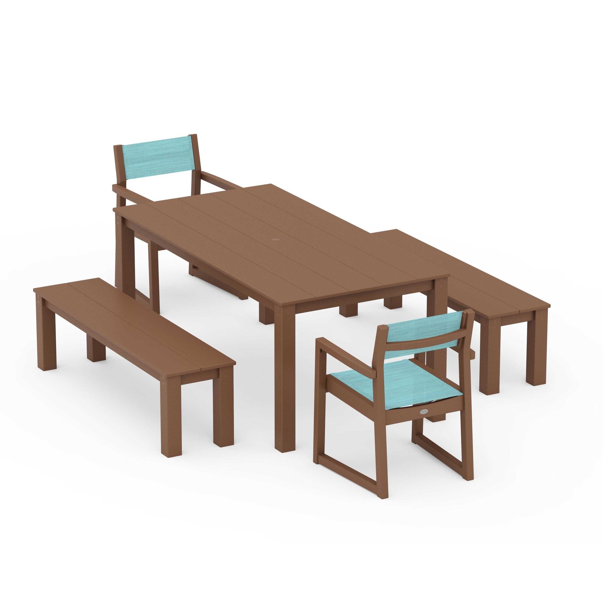 POLYWOOD EDGE Sling Arm Chair 5-Piece Parsons Dining Set with Benches — Teak / Dupioni Aquamarine Sling