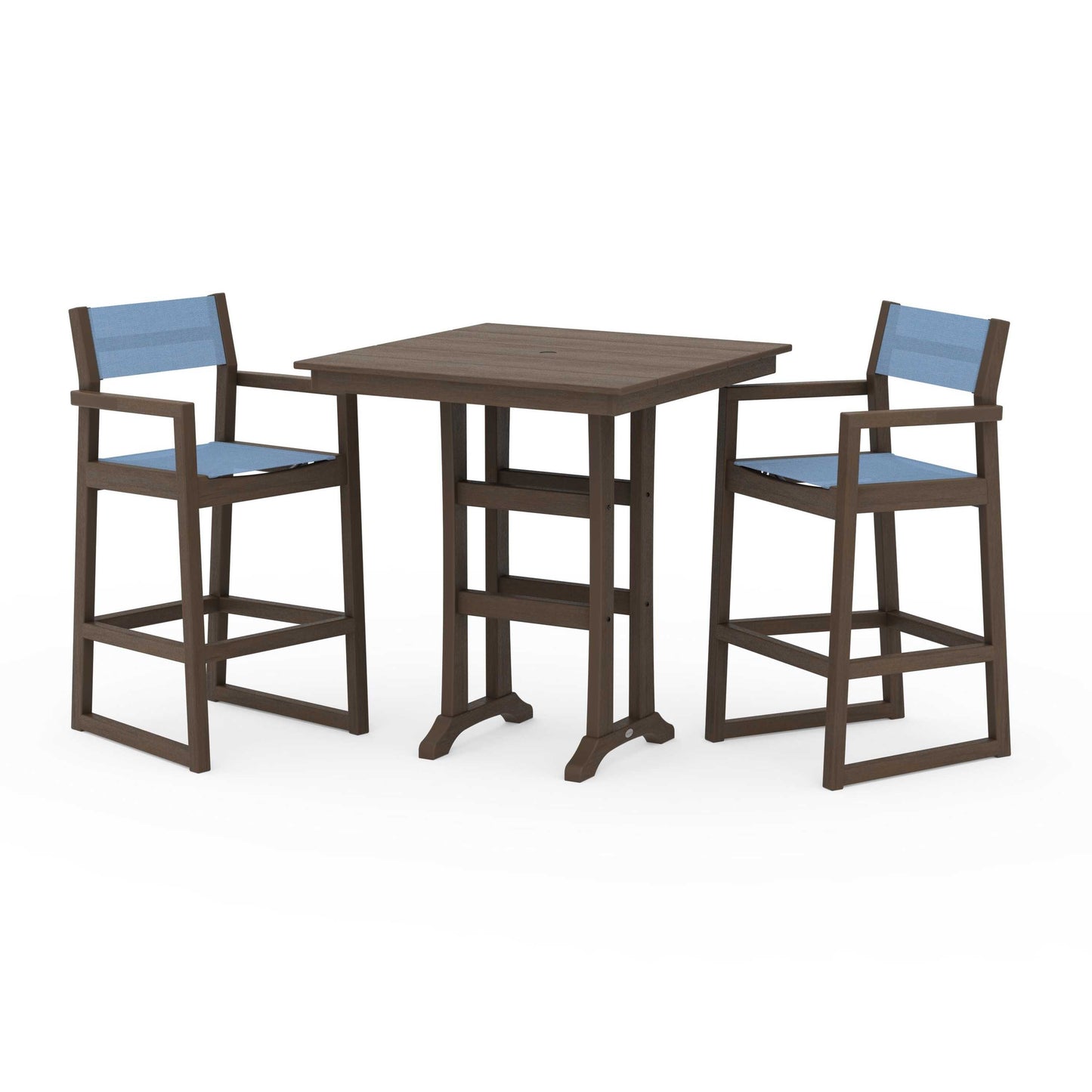 POLYWOOD EDGE Sling Arm Chair 3-Piece Farmhouse Bar Set with Trestle Legs — Kona / Poolside Sling