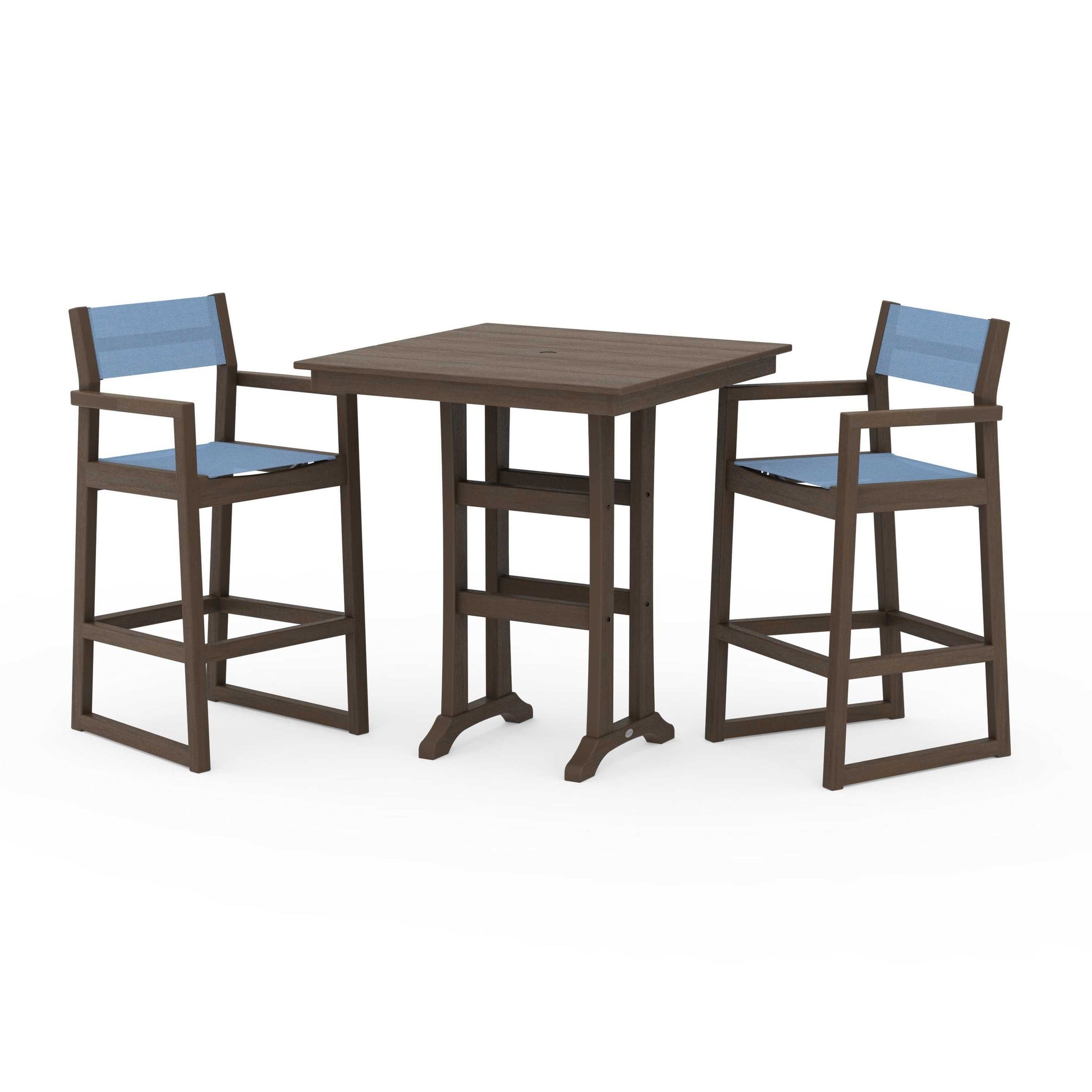 POLYWOOD EDGE Sling Arm Chair 3-Piece Farmhouse Bar Set with Trestle Legs — Kona / Poolside Sling