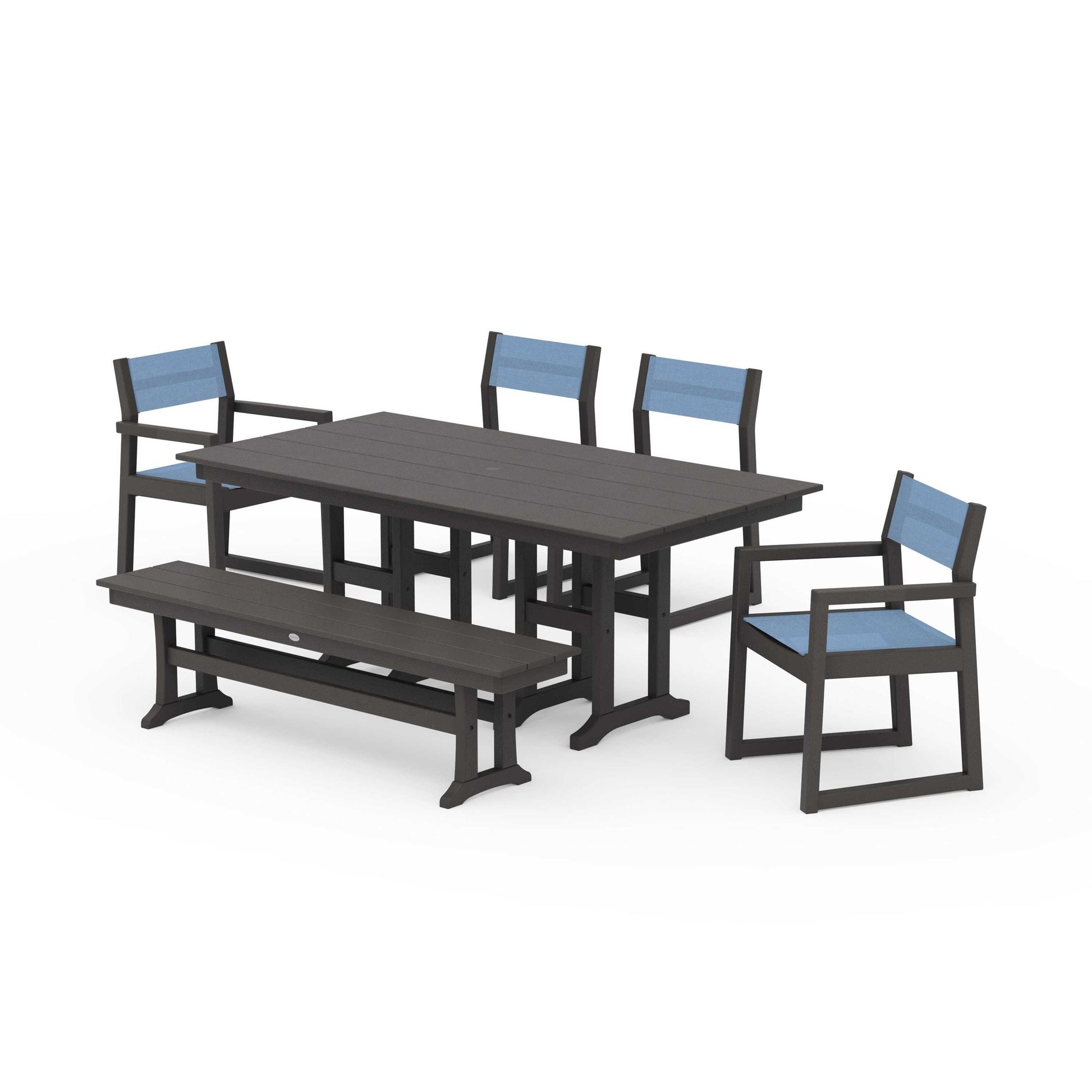 POLYWOOD EDGE Sling 6-Piece Farmhouse Dining Set — Vintage Coffee / Poolside Sling