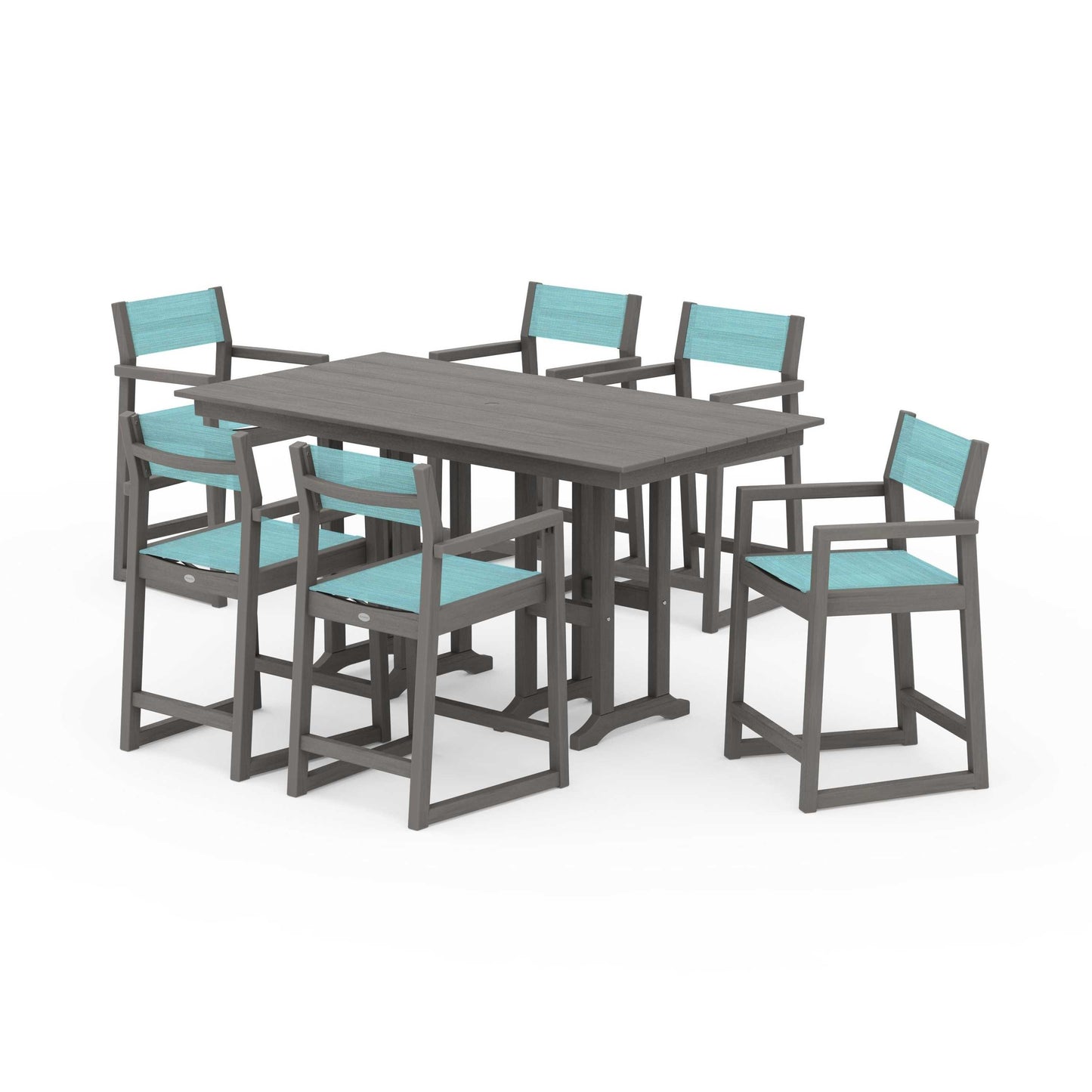 POLYWOOD EDGE Sling Arm Chair 7-Piece Farmhouse Counter Set — Driftwood / Dupioni Aquamarine Sling