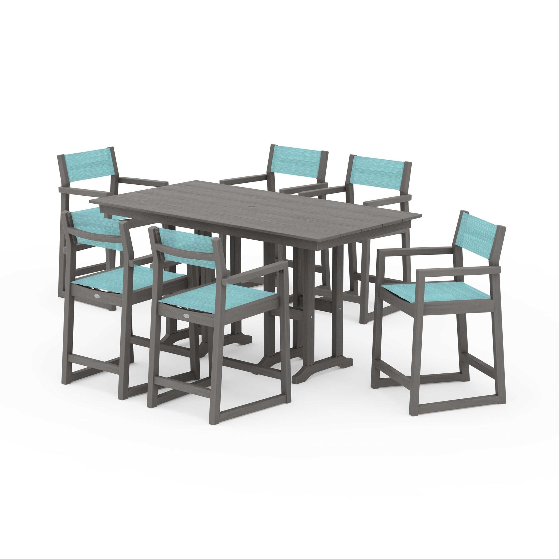POLYWOOD EDGE Sling Arm Chair 7-Piece Farmhouse Counter Set — Driftwood / Dupioni Aquamarine Sling