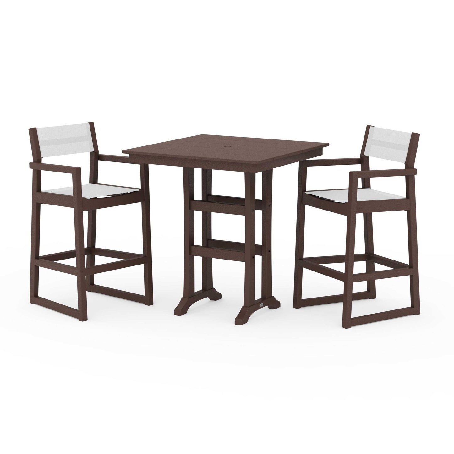 POLYWOOD EDGE Sling Arm Chair 3-Piece Farmhouse Bar Set with Trestle Legs — Mahogany / White Sling
