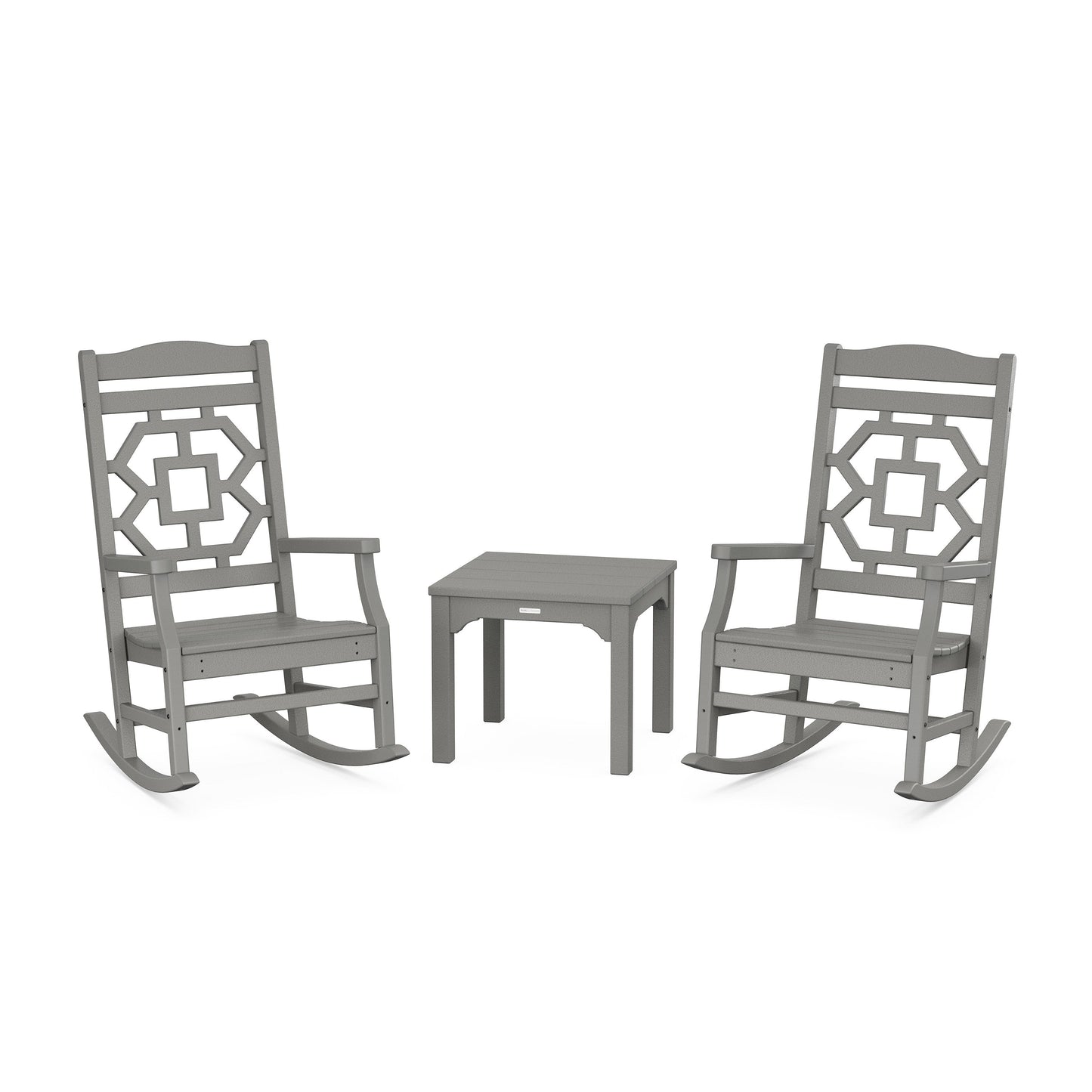 POLYWOOD Chinoiserie 3-Piece Rocking Chair Set — Slate Grey