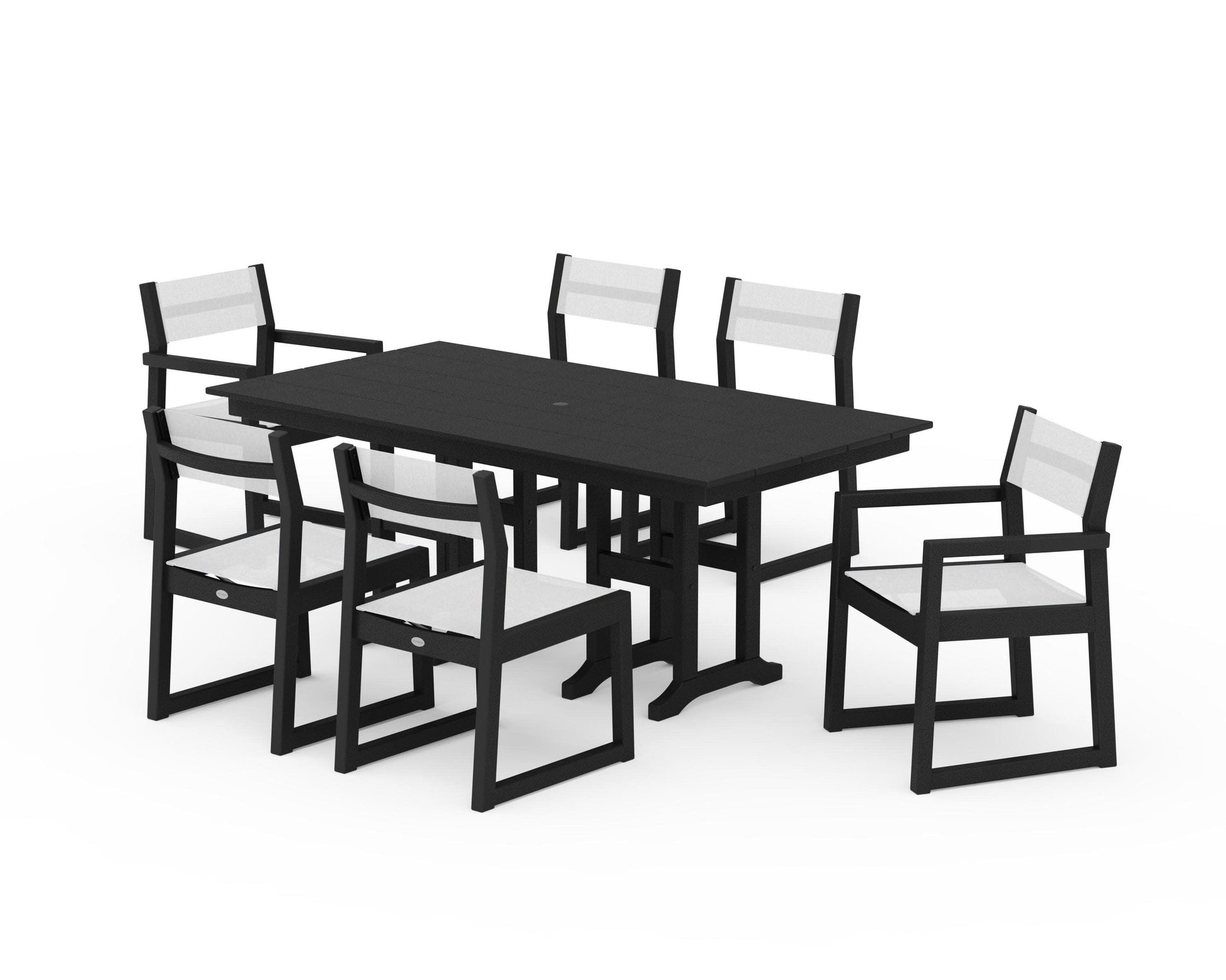 POLYWOOD EDGE Sling 7-Piece Farmhouse Dining Set — Black / White Sling