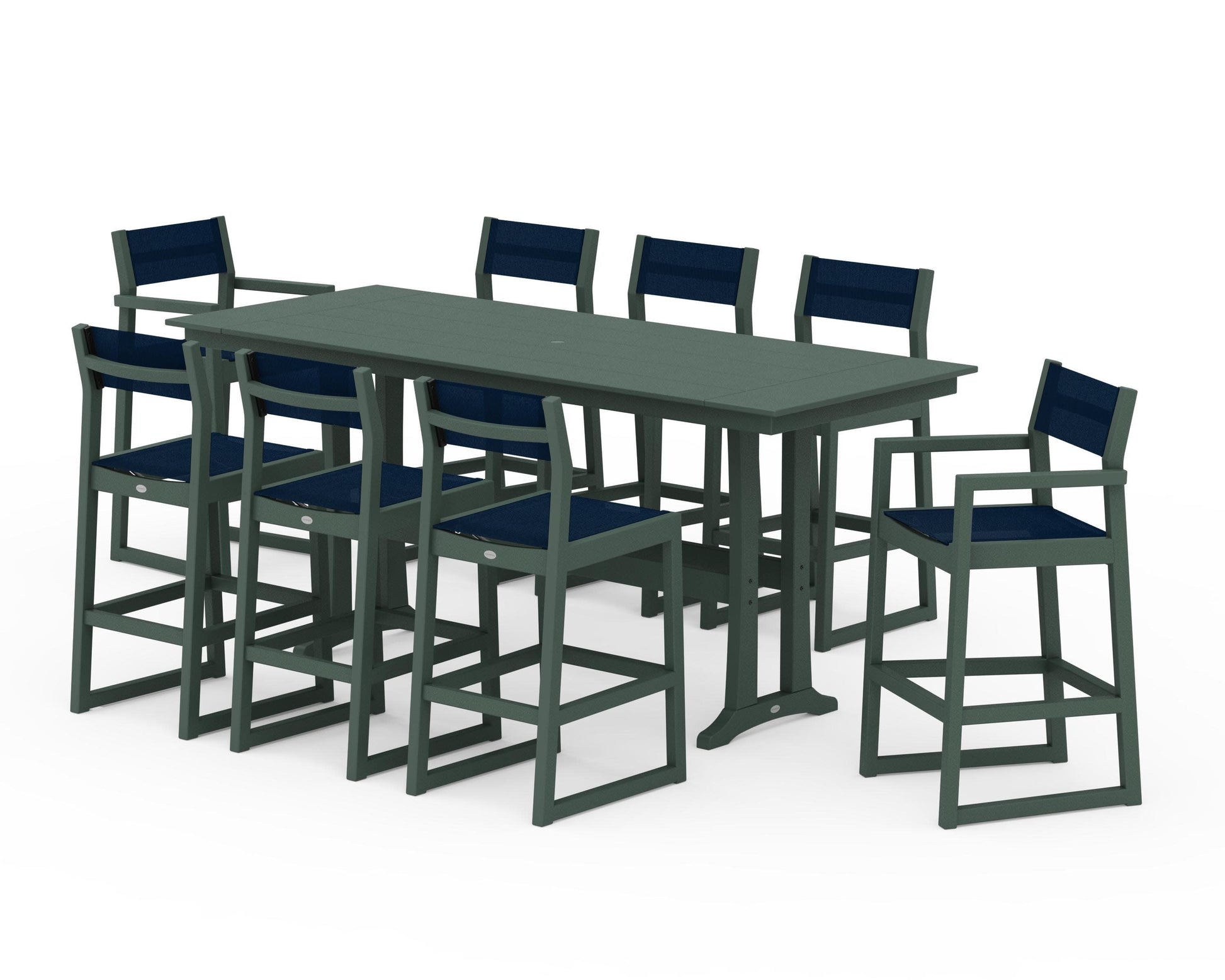 POLYWOOD EDGE Sling 9-Piece Farmhouse Bar Set with Trestle Legs — Green / Navy Blue Sling