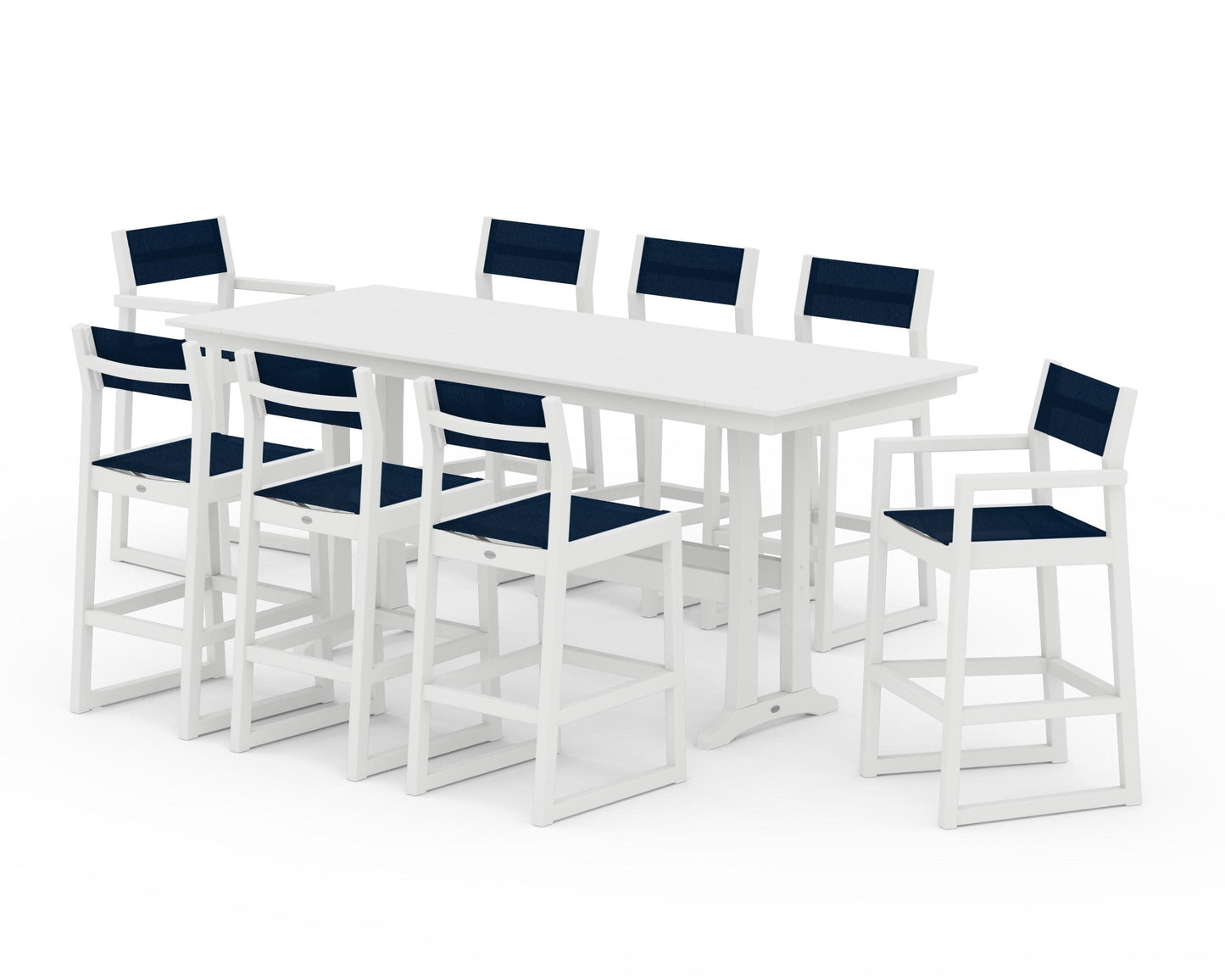 POLYWOOD EDGE Sling 9-Piece Farmhouse Bar Set with Trestle Legs — White / Navy Blue Sling