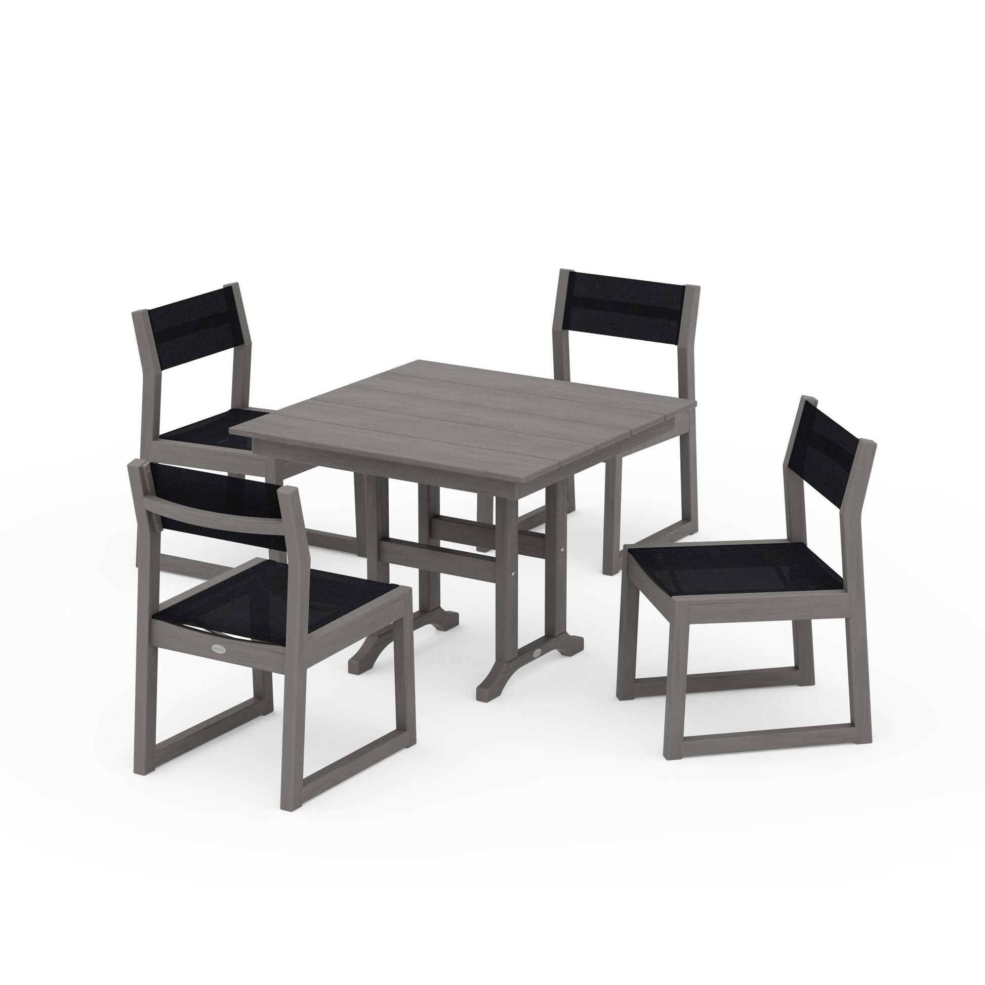 POLYWOOD EDGE Sling Side Chair 5-Piece Farmhouse Dining Set — Driftwood / Black Sling