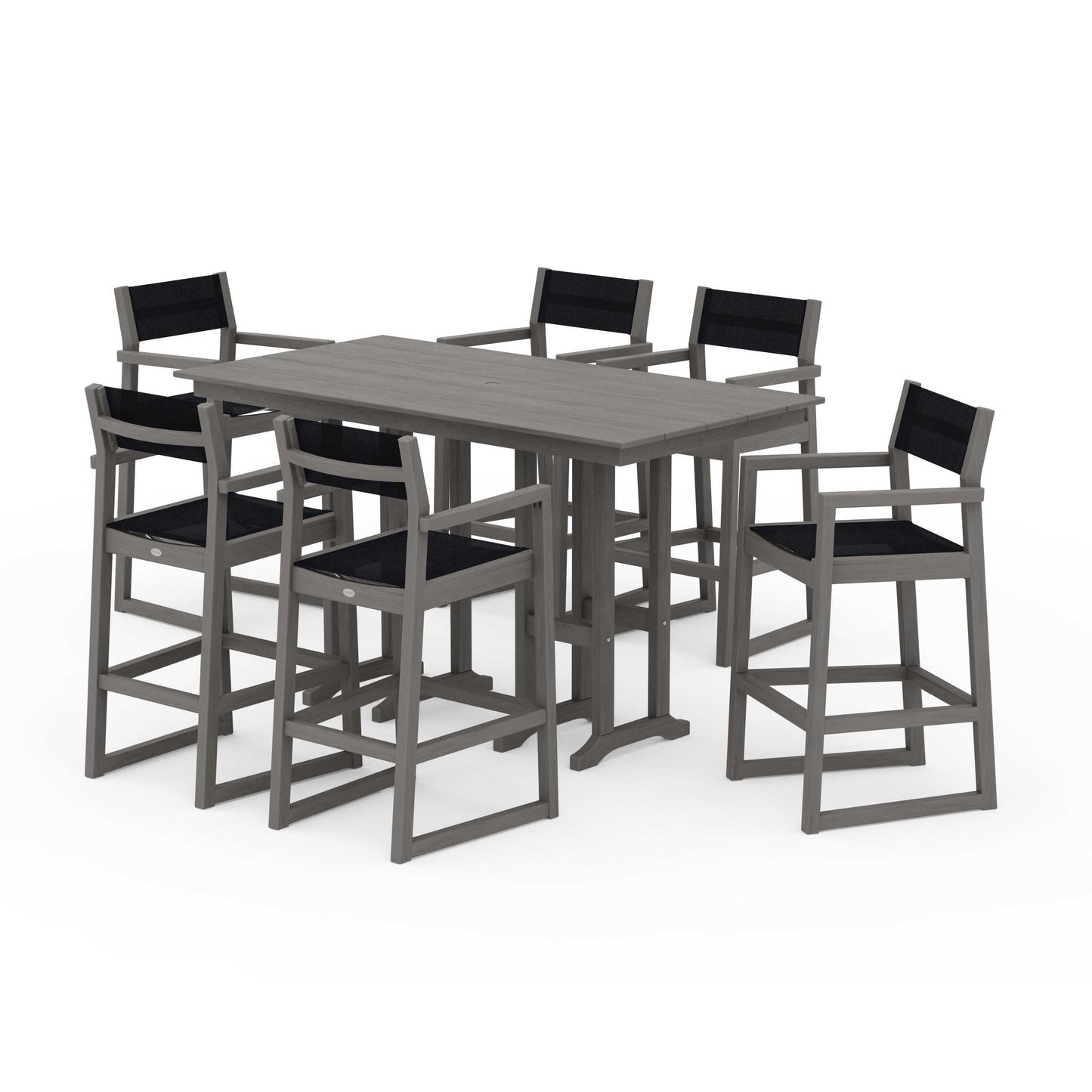 POLYWOOD EDGE Sling Arm Chair 7-Piece Farmhouse Bar Set — Driftwood / Black Sling