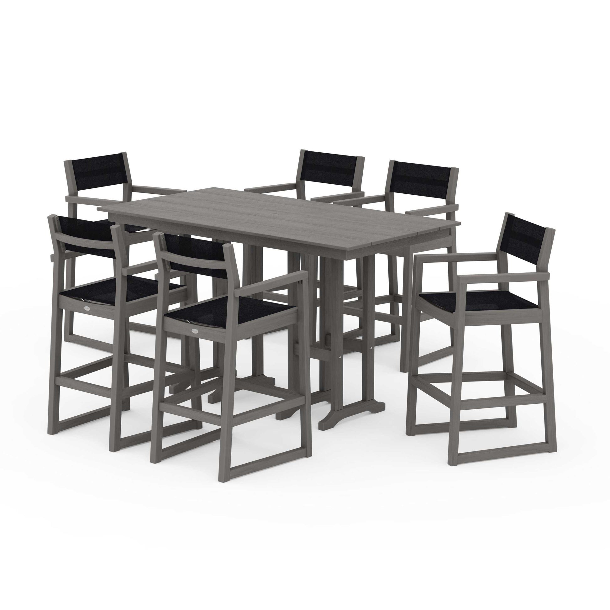 POLYWOOD EDGE Sling Arm Chair 7-Piece Farmhouse Bar Set — Driftwood / Black Sling