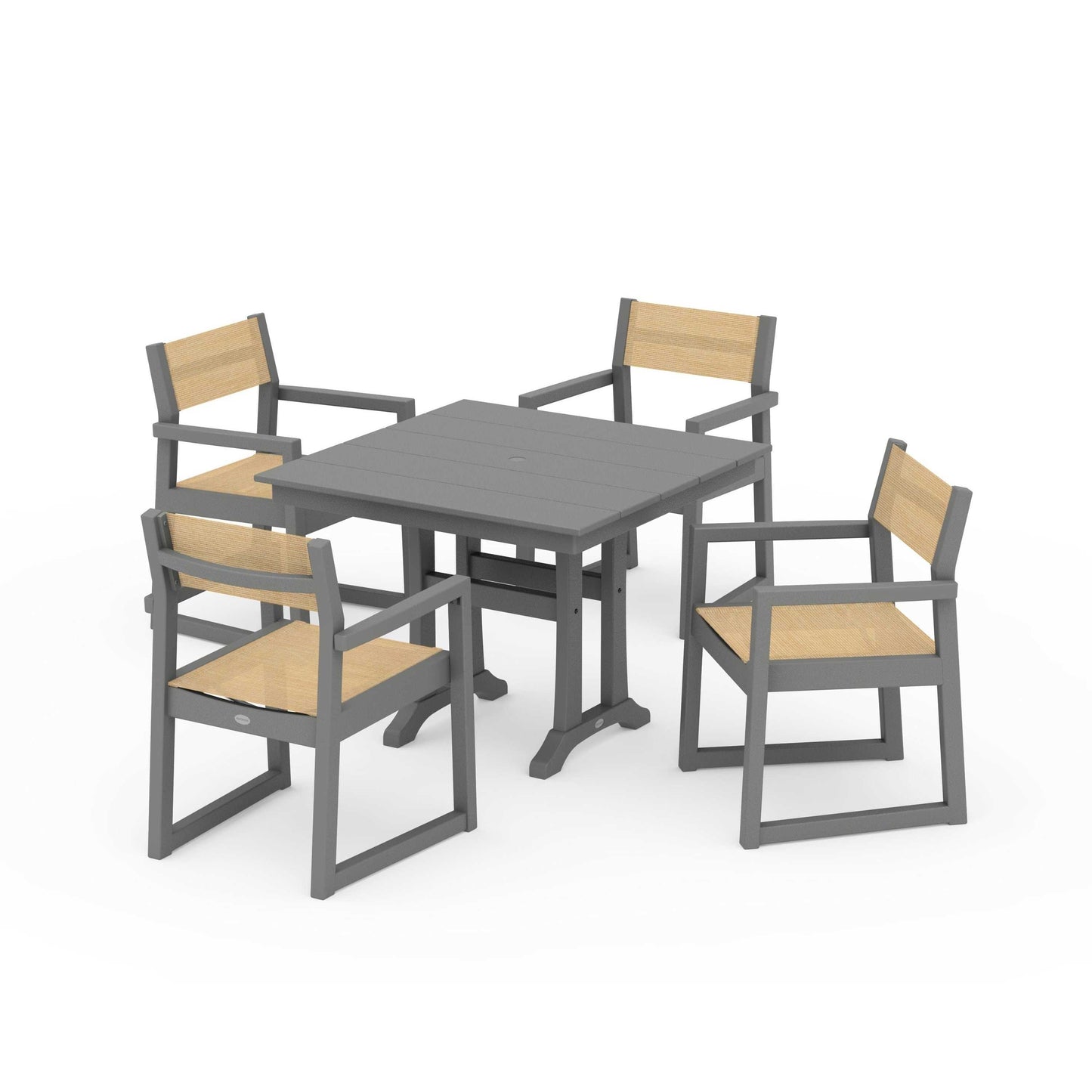 POLYWOOD EDGE Sling 5-Piece Farmhouse Dining Set with Trestle Legs — Slate Grey / Dupioni Apricot Sling
