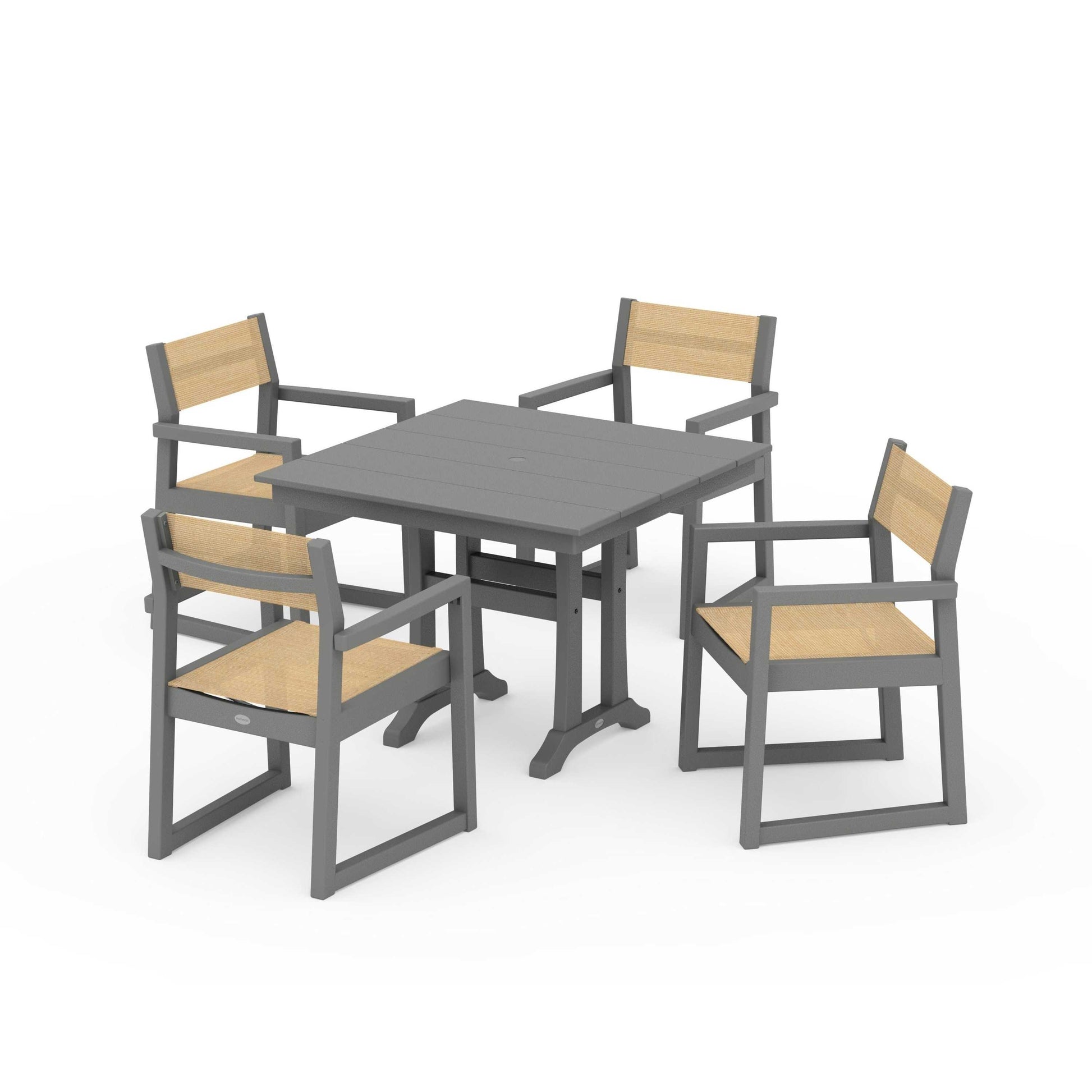 POLYWOOD EDGE Sling 5-Piece Farmhouse Dining Set with Trestle Legs — Slate Grey / Dupioni Apricot Sling