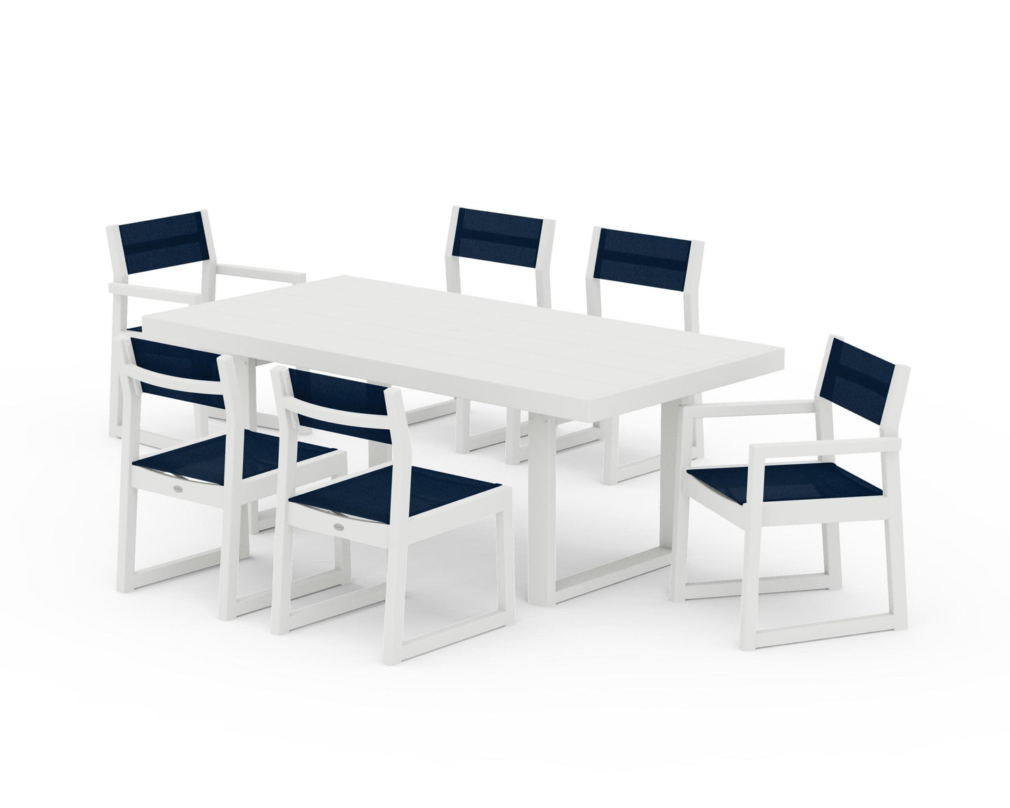 POLYWOOD EDGE Sling 7-Piece Dining Set — Vintage White / Navy Blue Sling