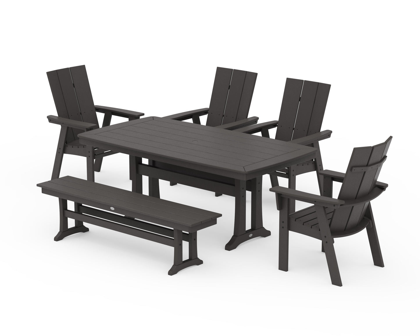 POLYWOOD Modern Curveback Adirondack 6-Piece Farmhouse Dining Set with Trestle Legs and Bench — Vintage Coffee