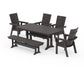 POLYWOOD Modern Curveback Adirondack 6-Piece Farmhouse Dining Set with Trestle Legs and Bench — Vintage Coffee