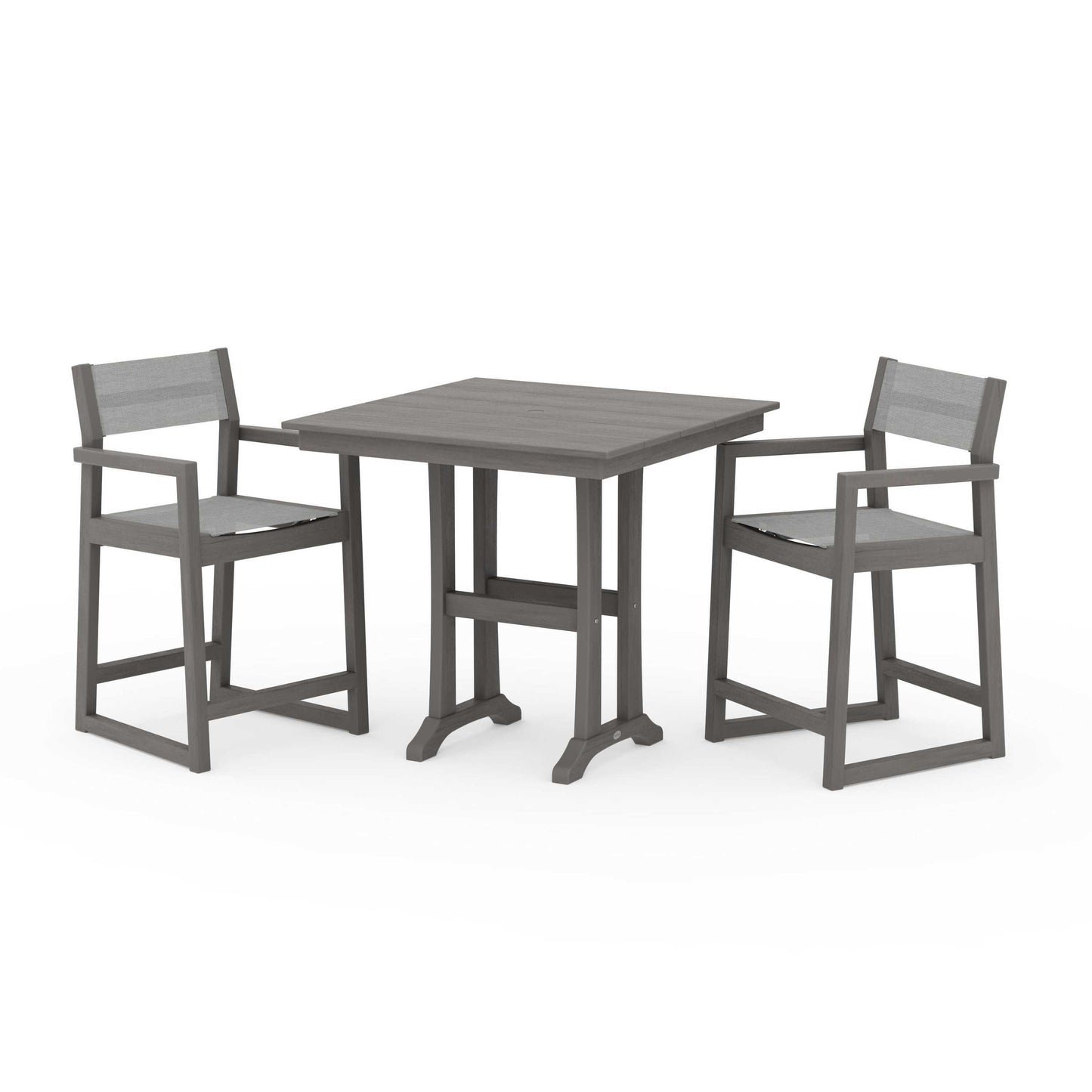 POLYWOOD EDGE Sling Arm Chair 3-Piece Farmhouse Counter Set with Trestle Legs — Driftwood / Metallic Sling
