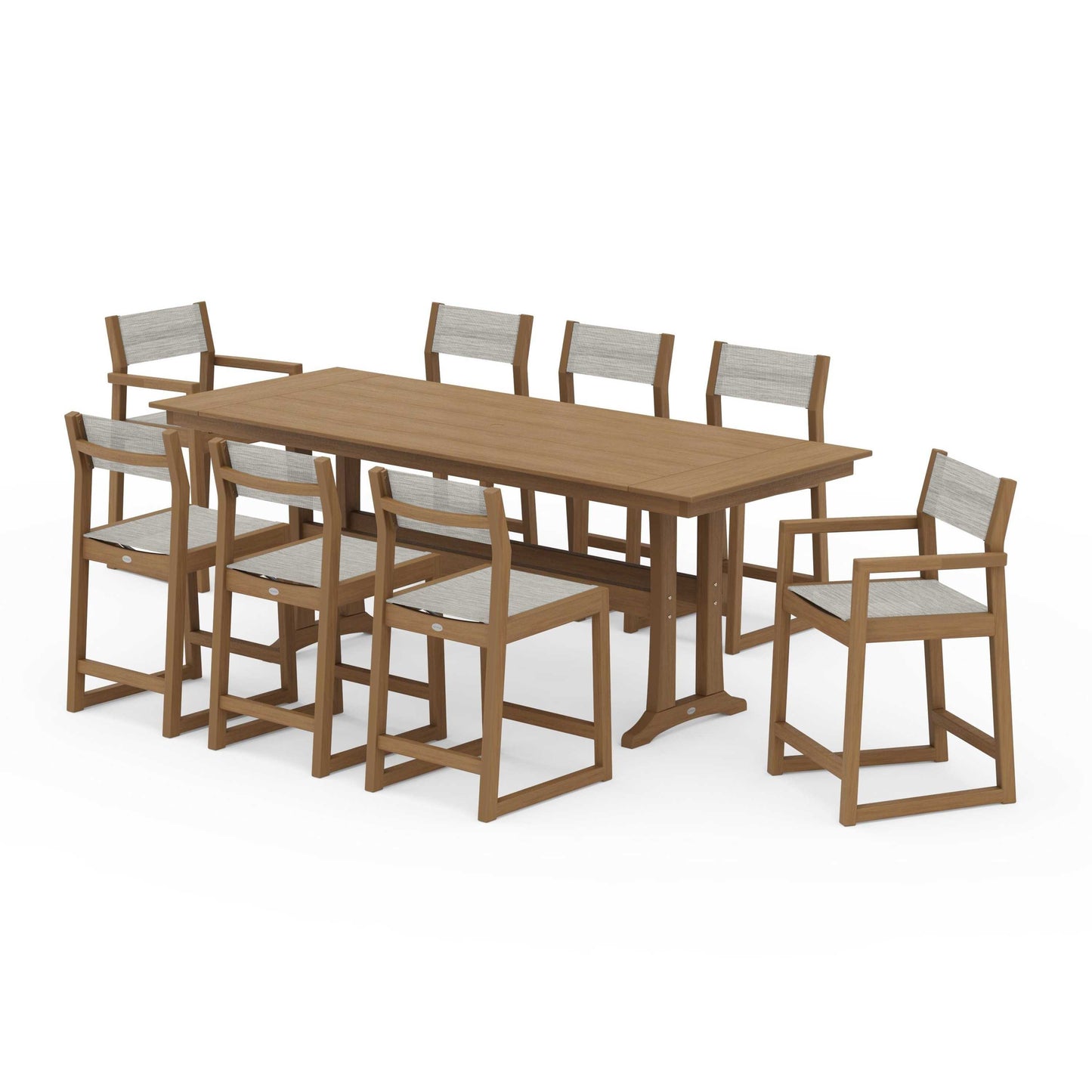 POLYWOOD EDGE Sling 9-Piece Farmhouse Counter Set with Trestle Legs — Natural / Birch Sling