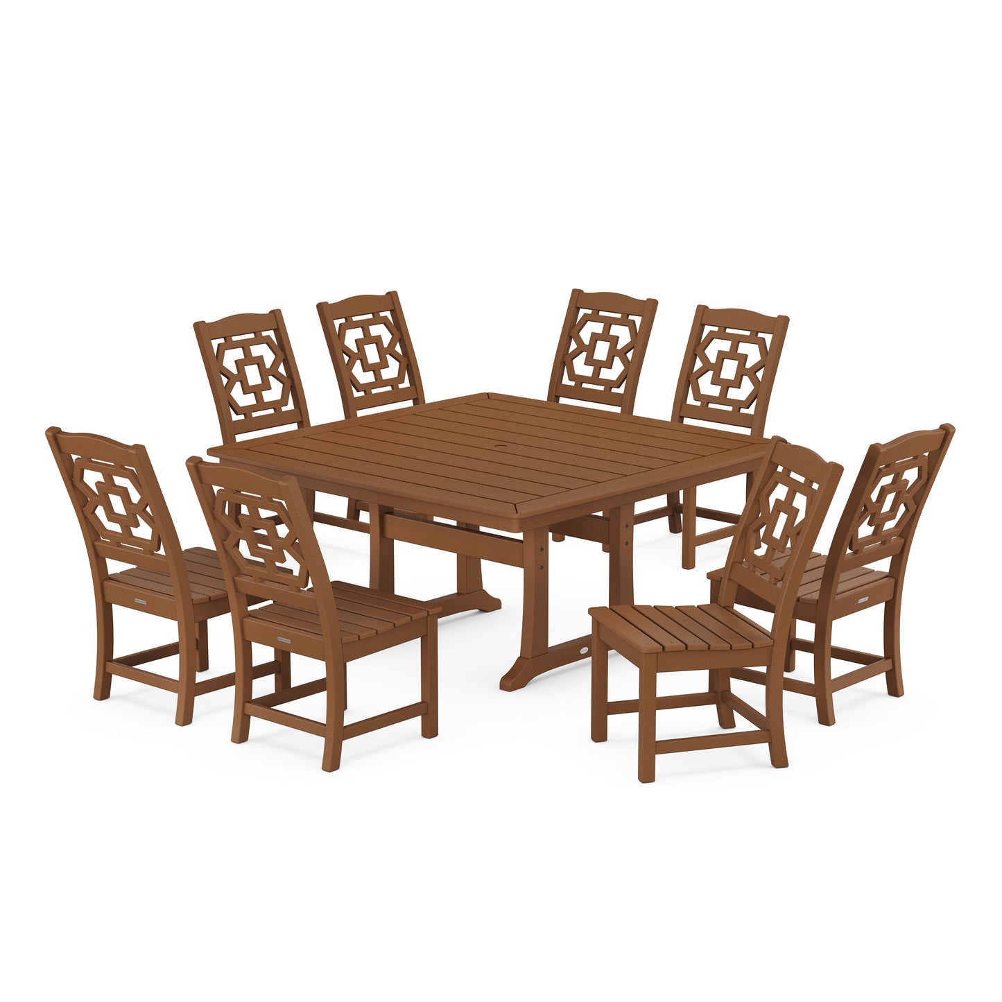 POLYWOOD Chinoiserie 9-Piece Square Side Chair Dining Set with Trestle Legs — Teak