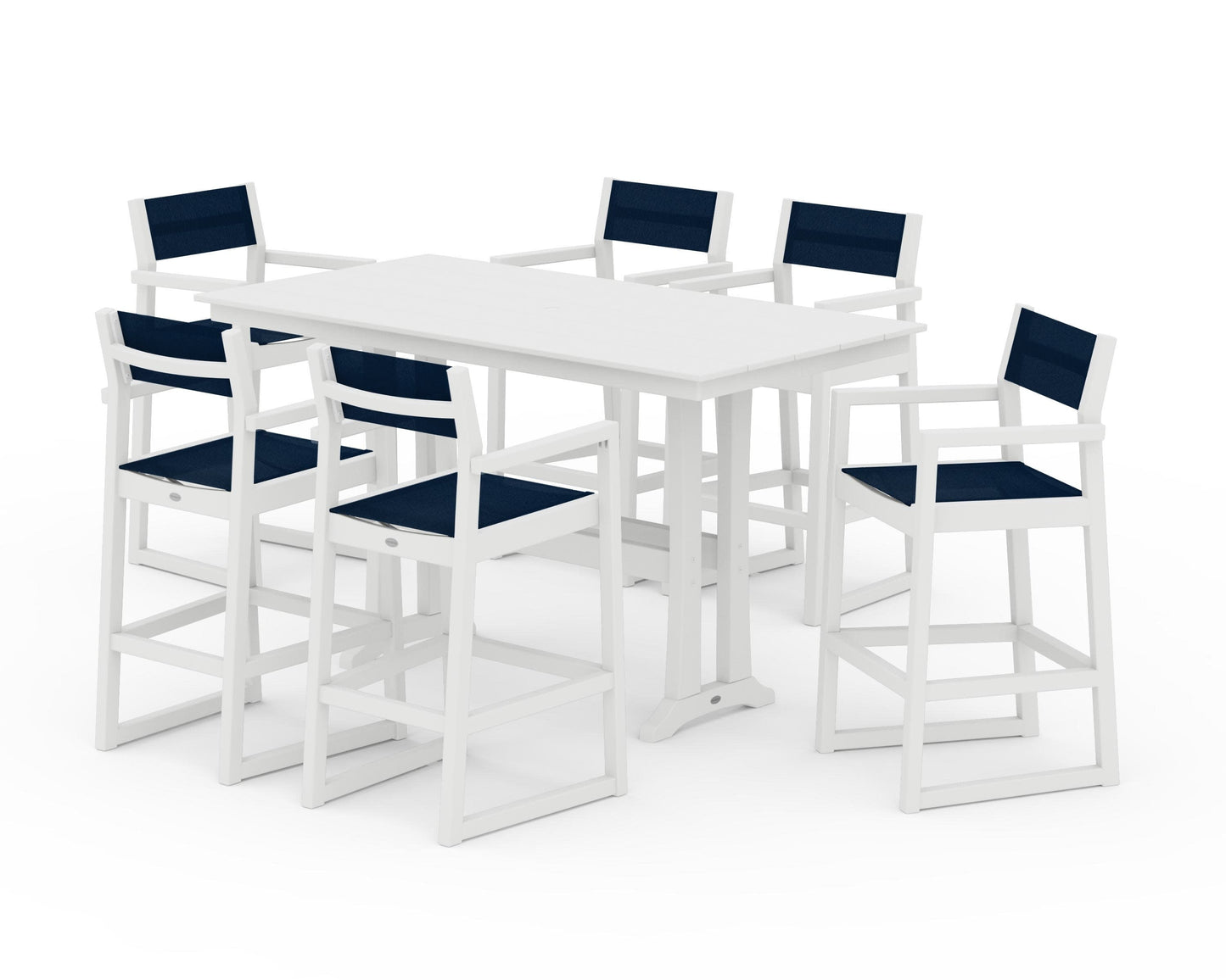 POLYWOOD EDGE Sling Arm Chair 7-Piece Farmhouse Bar Set with Trestle Legs — White / Navy Blue Sling