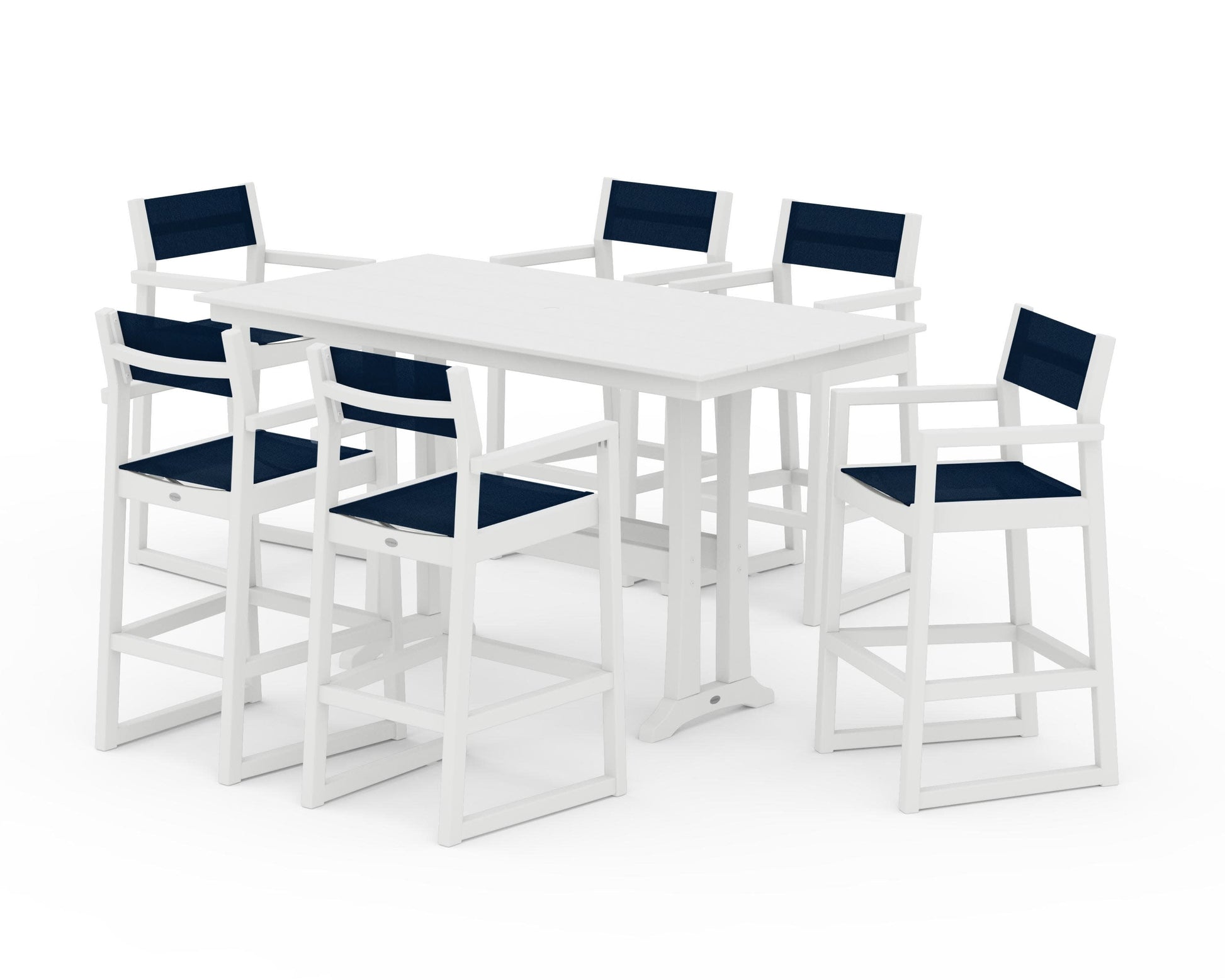 POLYWOOD EDGE Sling Arm Chair 7-Piece Farmhouse Bar Set with Trestle Legs — White / Navy Blue Sling