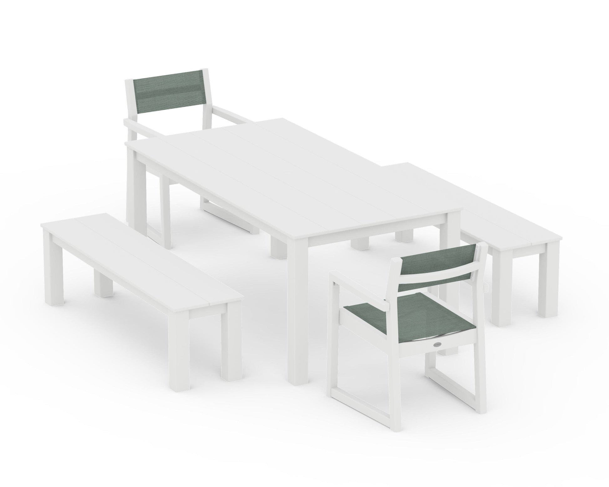 POLYWOOD EDGE Sling Arm Chair 5-Piece Parsons Dining Set with Benches — White / Dupioni Sea Mist Sling
