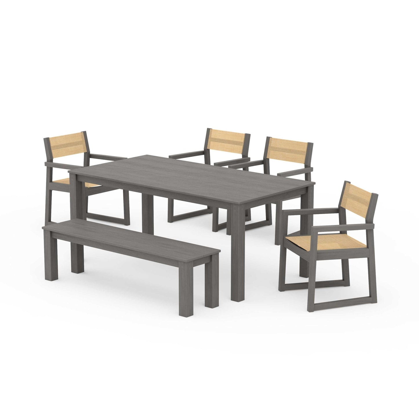 POLYWOOD EDGE Sling Arm Chair 6-Piece Parsons Dining Set with Bench — Driftwood / Dupioni Apricot Sling