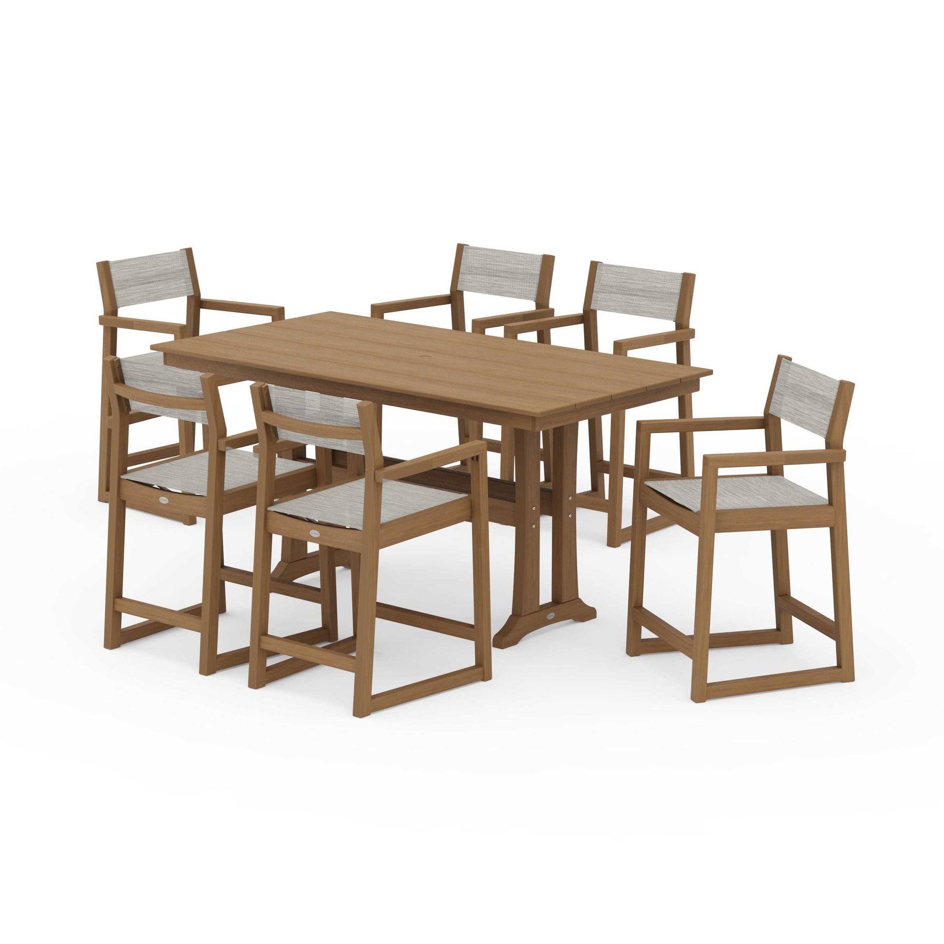 POLYWOOD EDGE Sling Arm Chair 7-Piece Farmhouse Counter Set with Trestle Legs — Natural / Birch Sling