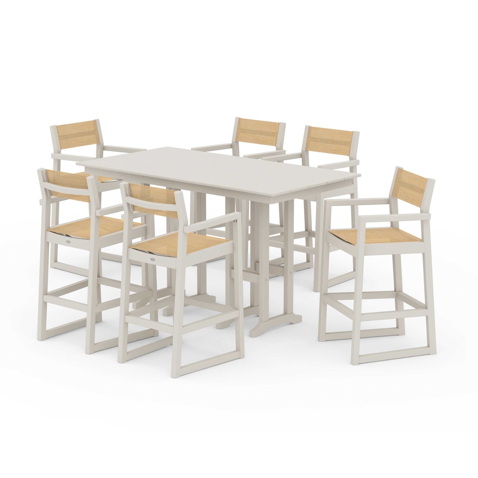 POLYWOOD EDGE Sling Arm Chair 7-Piece Farmhouse Bar Set — Sand / Dupioni Apricot Sling