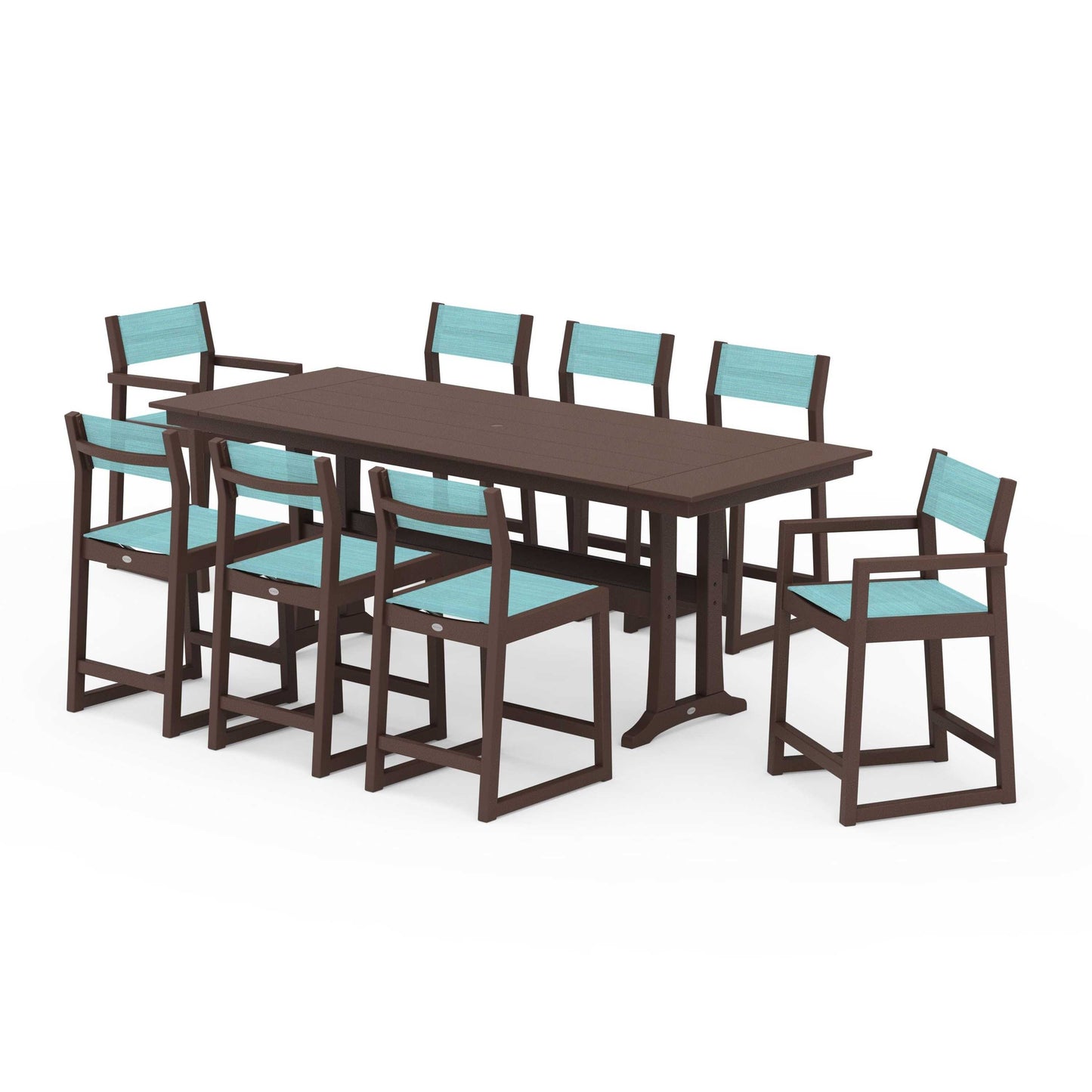 POLYWOOD EDGE Sling 9-Piece Farmhouse Counter Set with Trestle Legs — Mahogany / Dupioni Aquamarine Sling