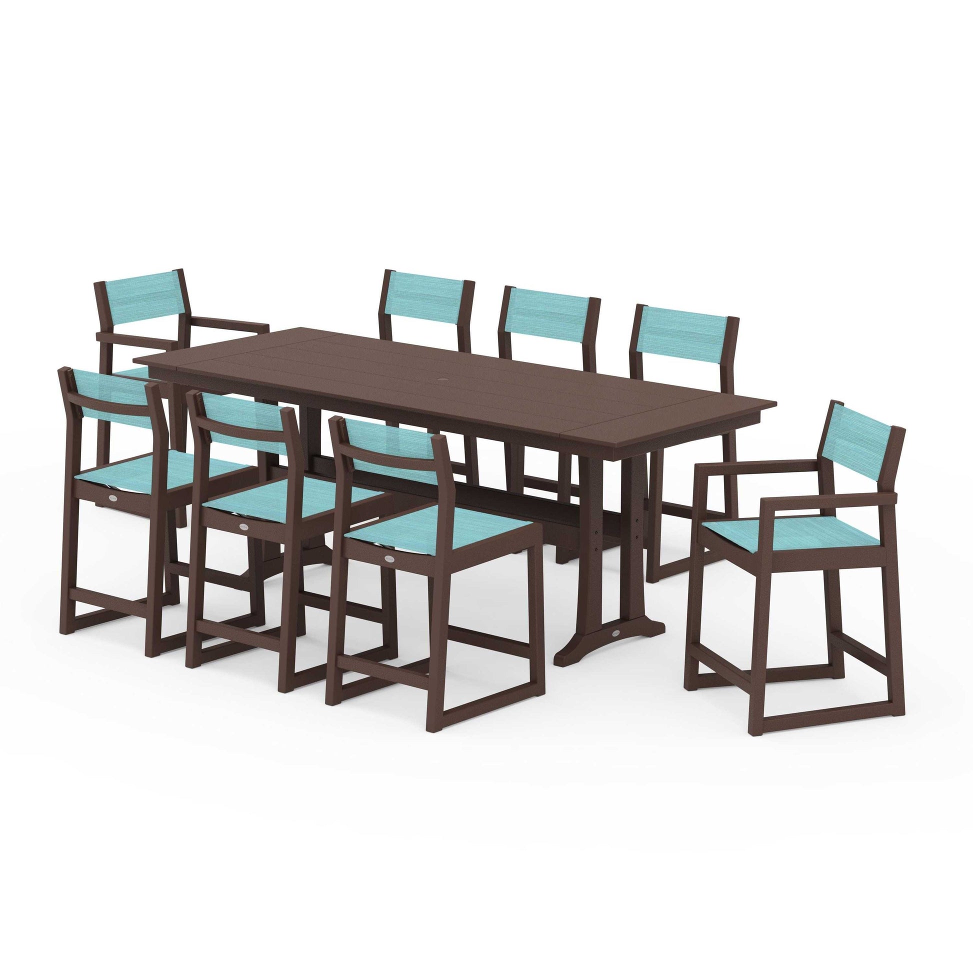POLYWOOD EDGE Sling 9-Piece Farmhouse Counter Set with Trestle Legs — Mahogany / Dupioni Aquamarine Sling