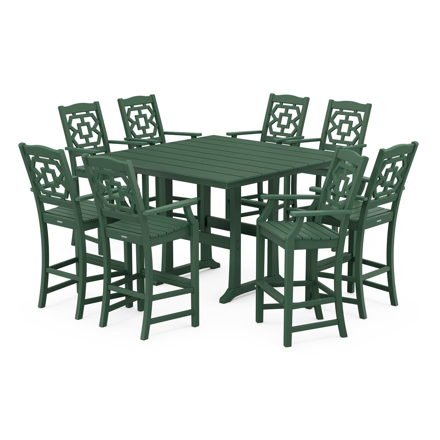 POLYWOOD Chinoiserie 9-Piece Square Farmhouse Bar Set with Trestle Legs — Green