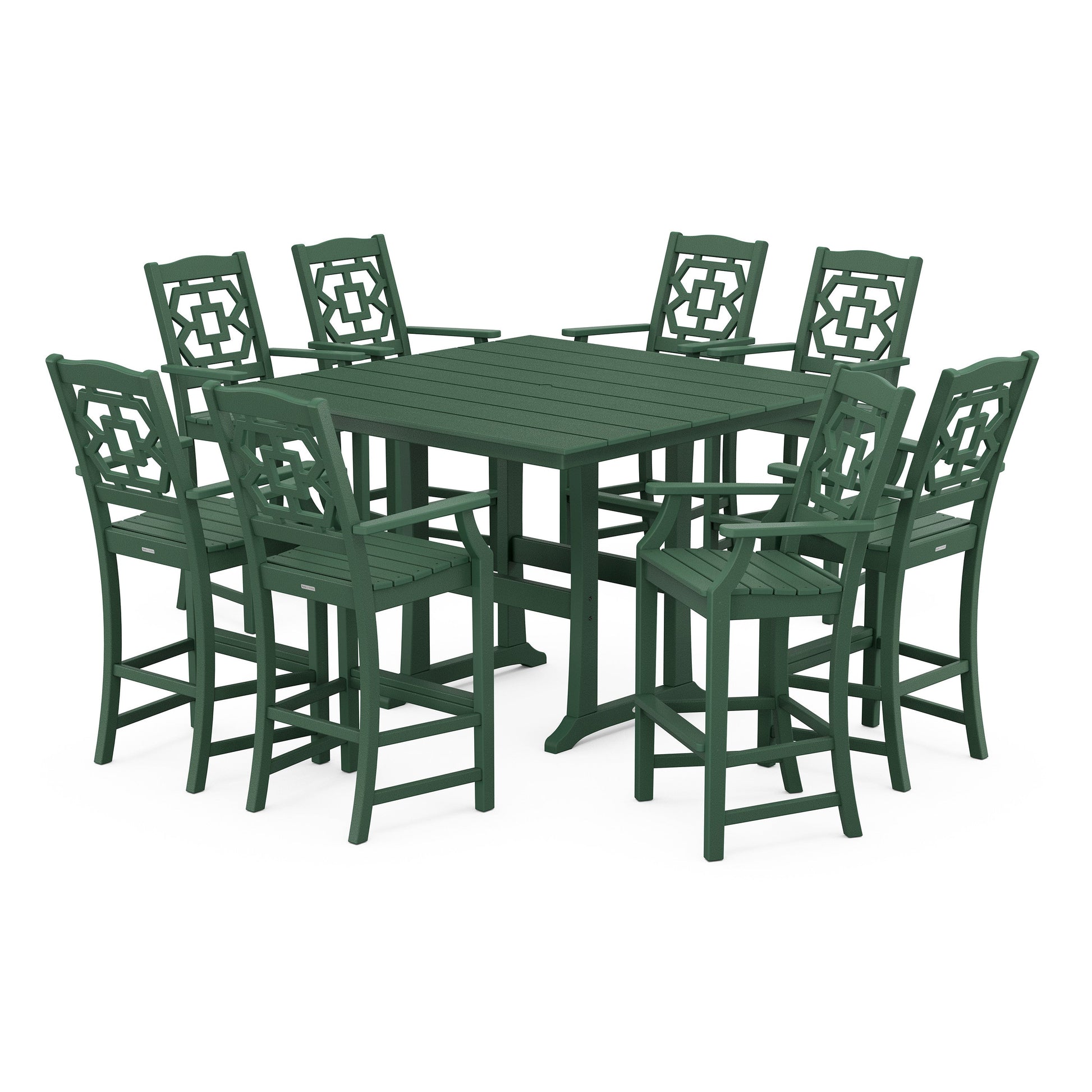 POLYWOOD Chinoiserie 9-Piece Square Farmhouse Bar Set with Trestle Legs — Green