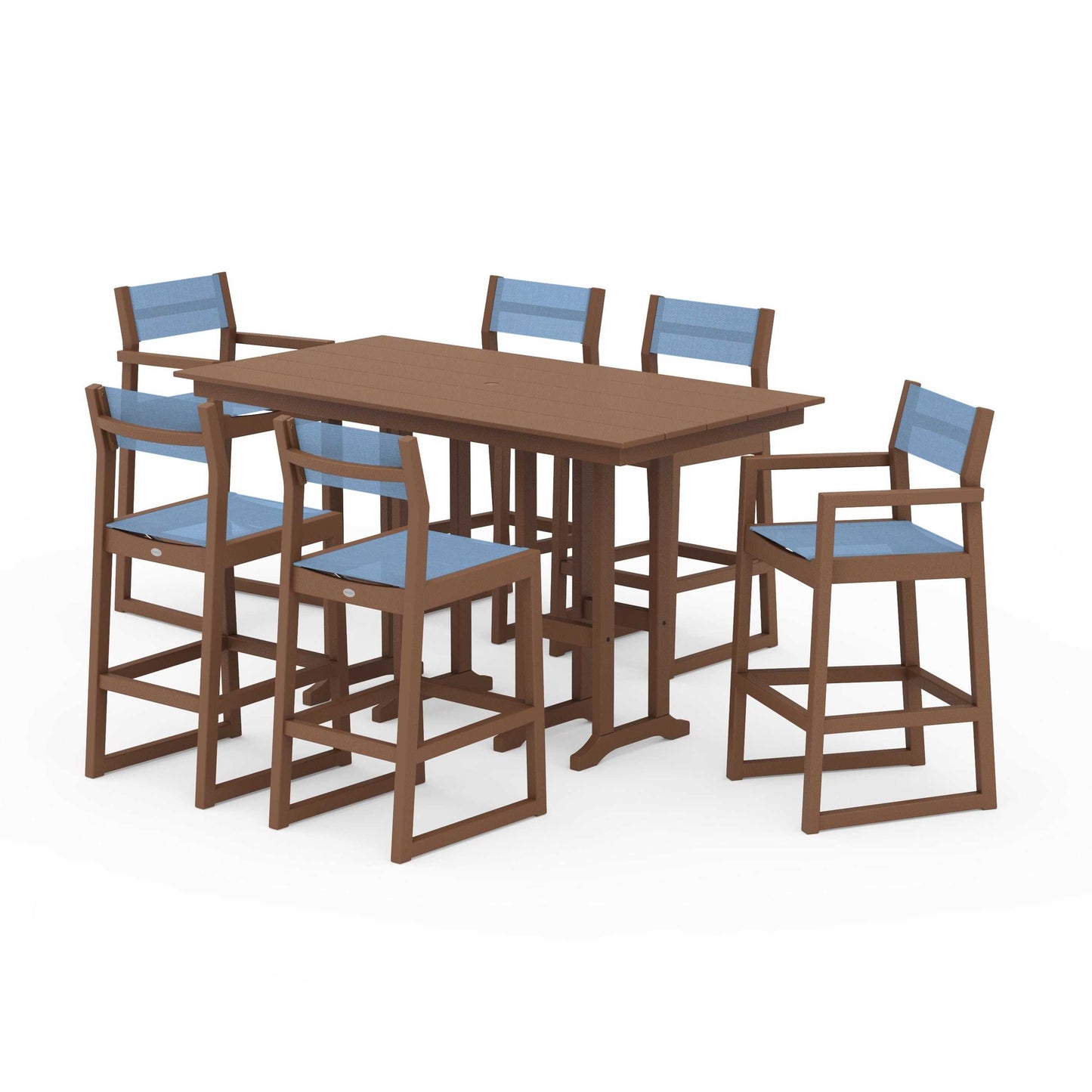 POLYWOOD EDGE Sling 7-Piece Farmhouse Bar Set — Teak / Poolside Sling