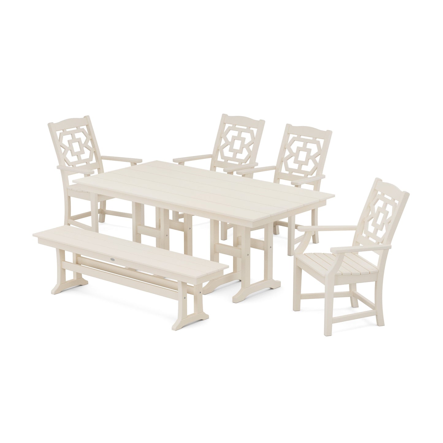 POLYWOOD Chinoiserie 6-Piece Farmhouse Dining Set with Bench — Sand