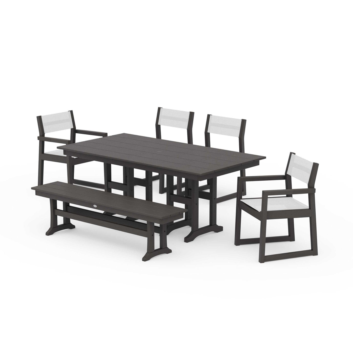 POLYWOOD EDGE Sling 6-Piece Farmhouse Dining Set — Vintage Coffee / White Sling