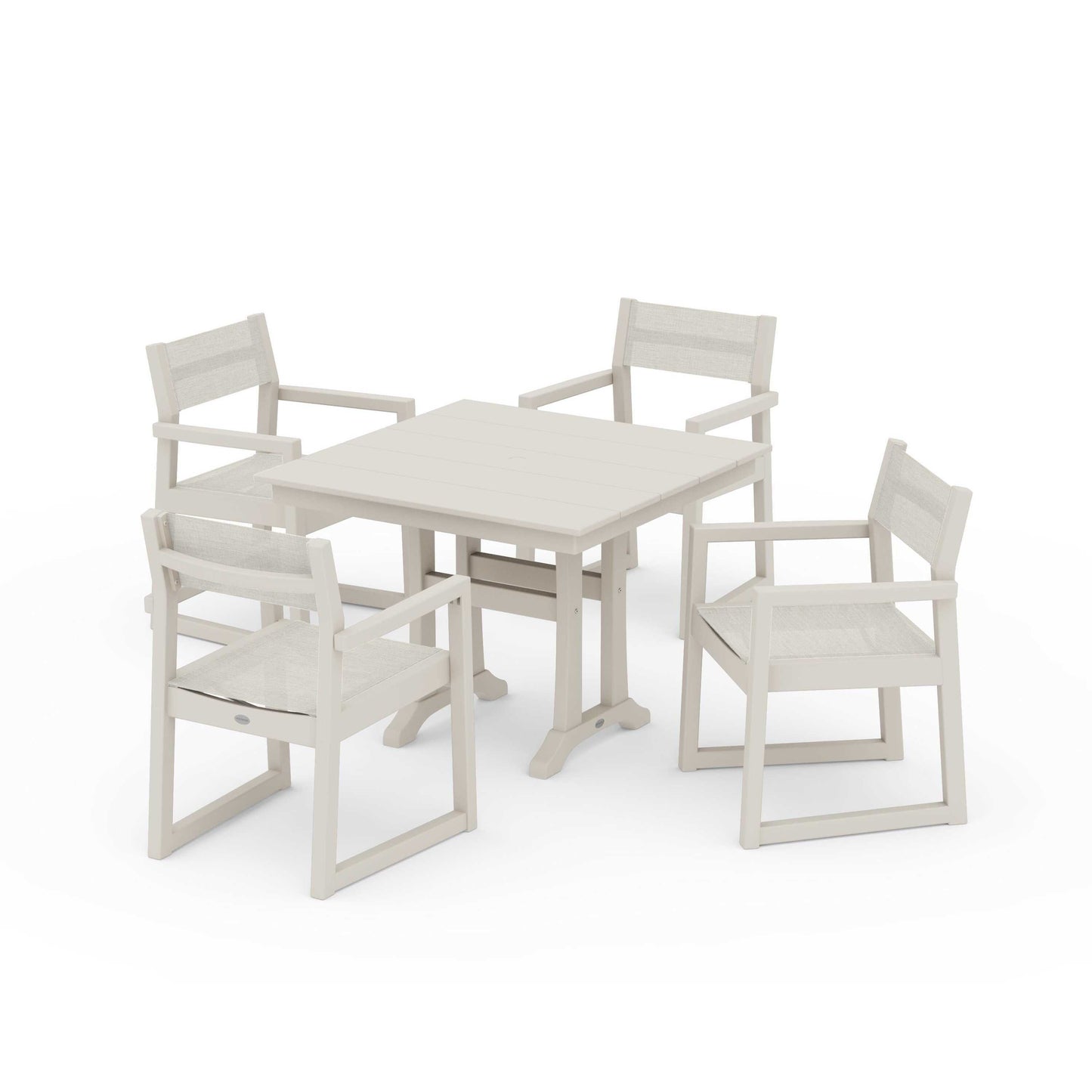POLYWOOD EDGE Sling 5-Piece Farmhouse Dining Set with Trestle Legs — Sand / Parchment Sling