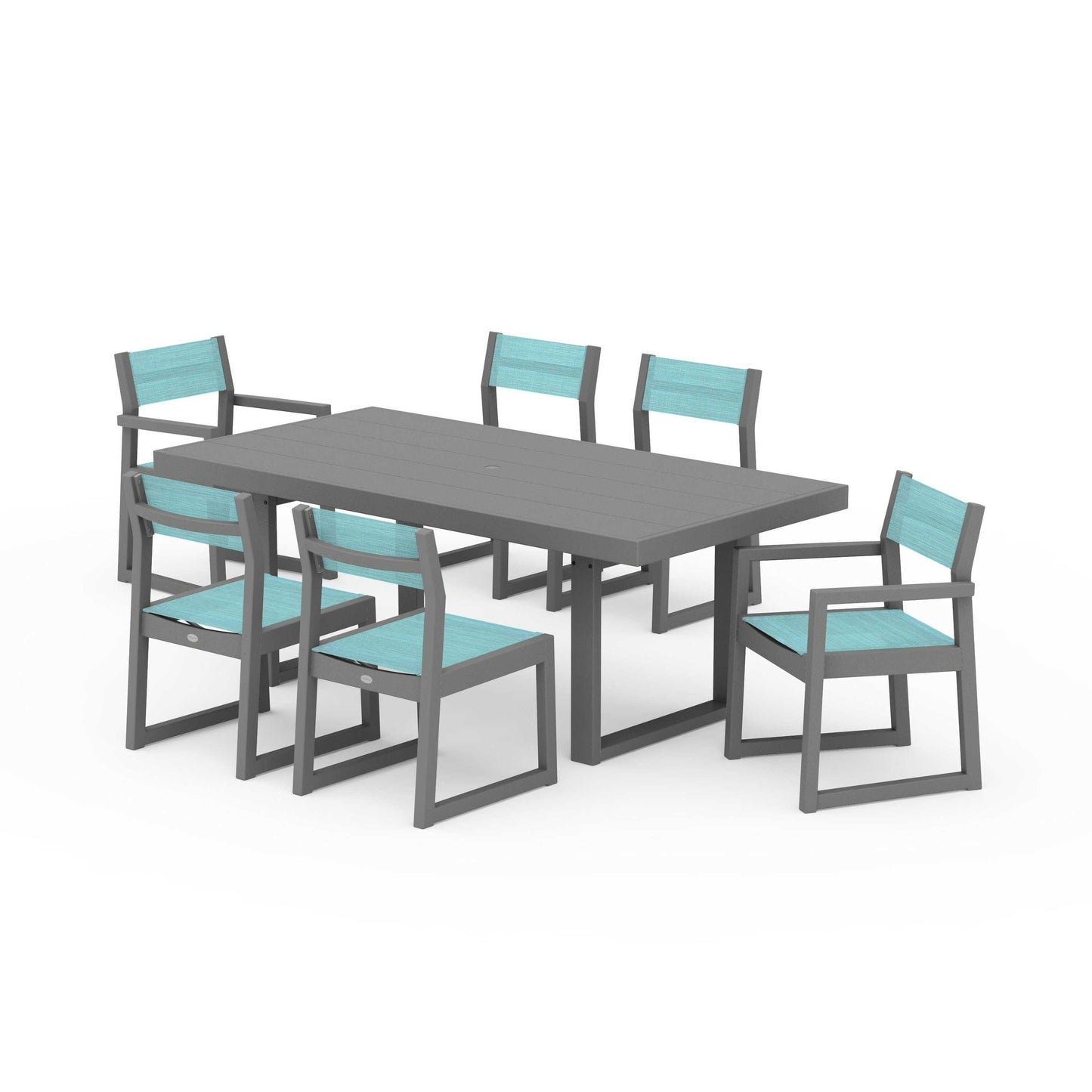 POLYWOOD EDGE Sling 7-Piece Dining Set — Slate Grey / Dupioni Aquamarine Sling