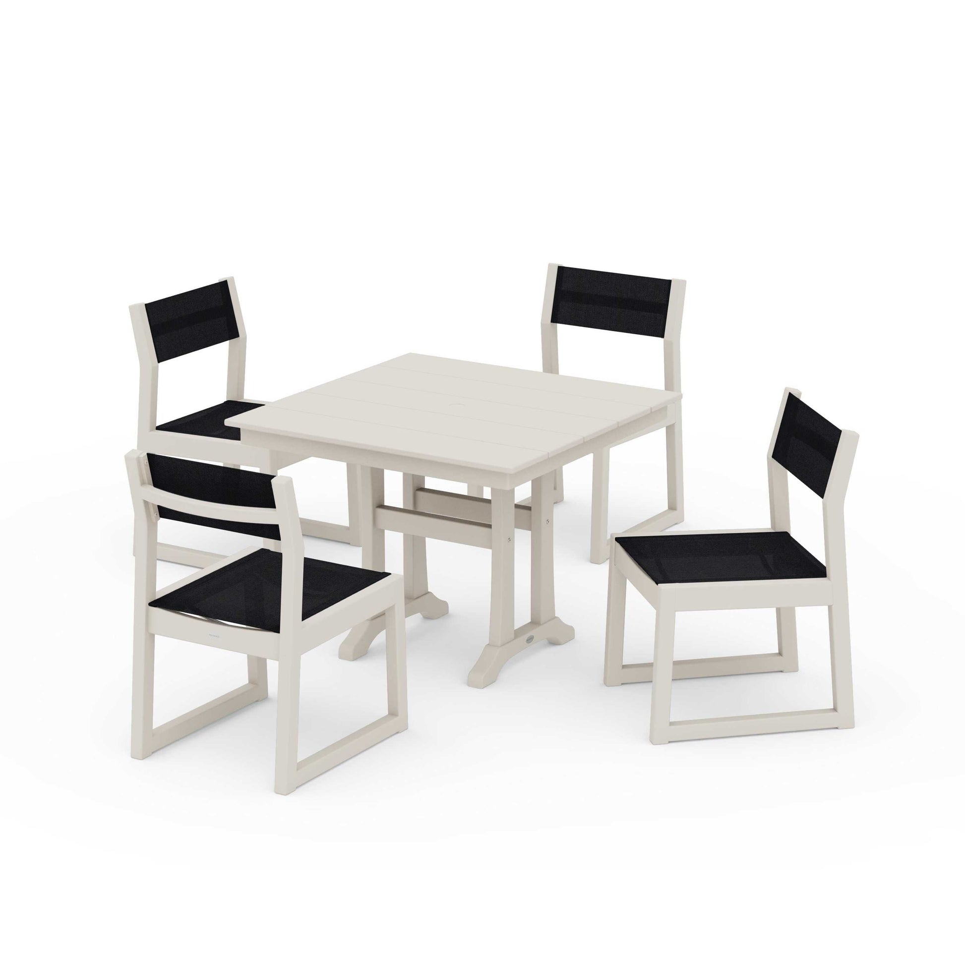 POLYWOOD EDGE Sling 5-Piece Farmhouse Trestle Side Chair Dining Set — Sand / Black Sling