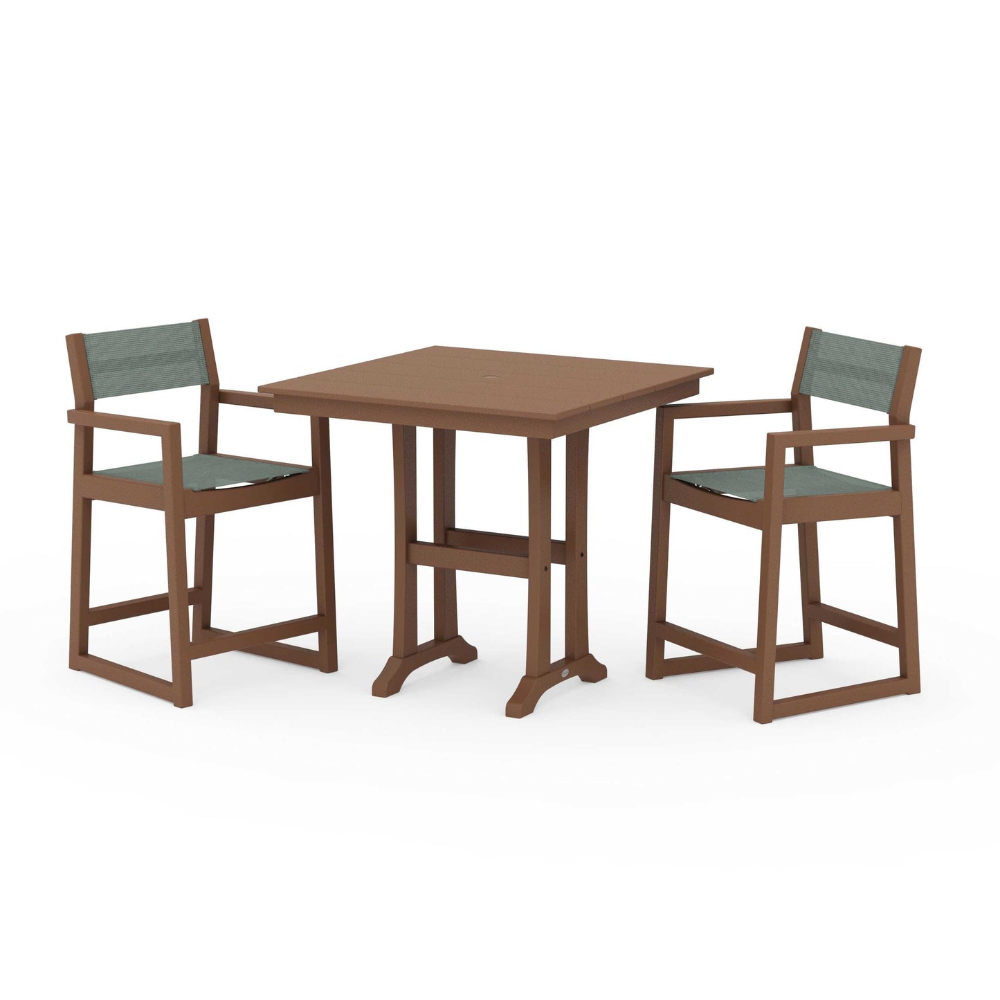 POLYWOOD EDGE Sling Arm Chair 3-Piece Farmhouse Counter Set with Trestle Legs — Teak / Dupioni Sea Mist Sling