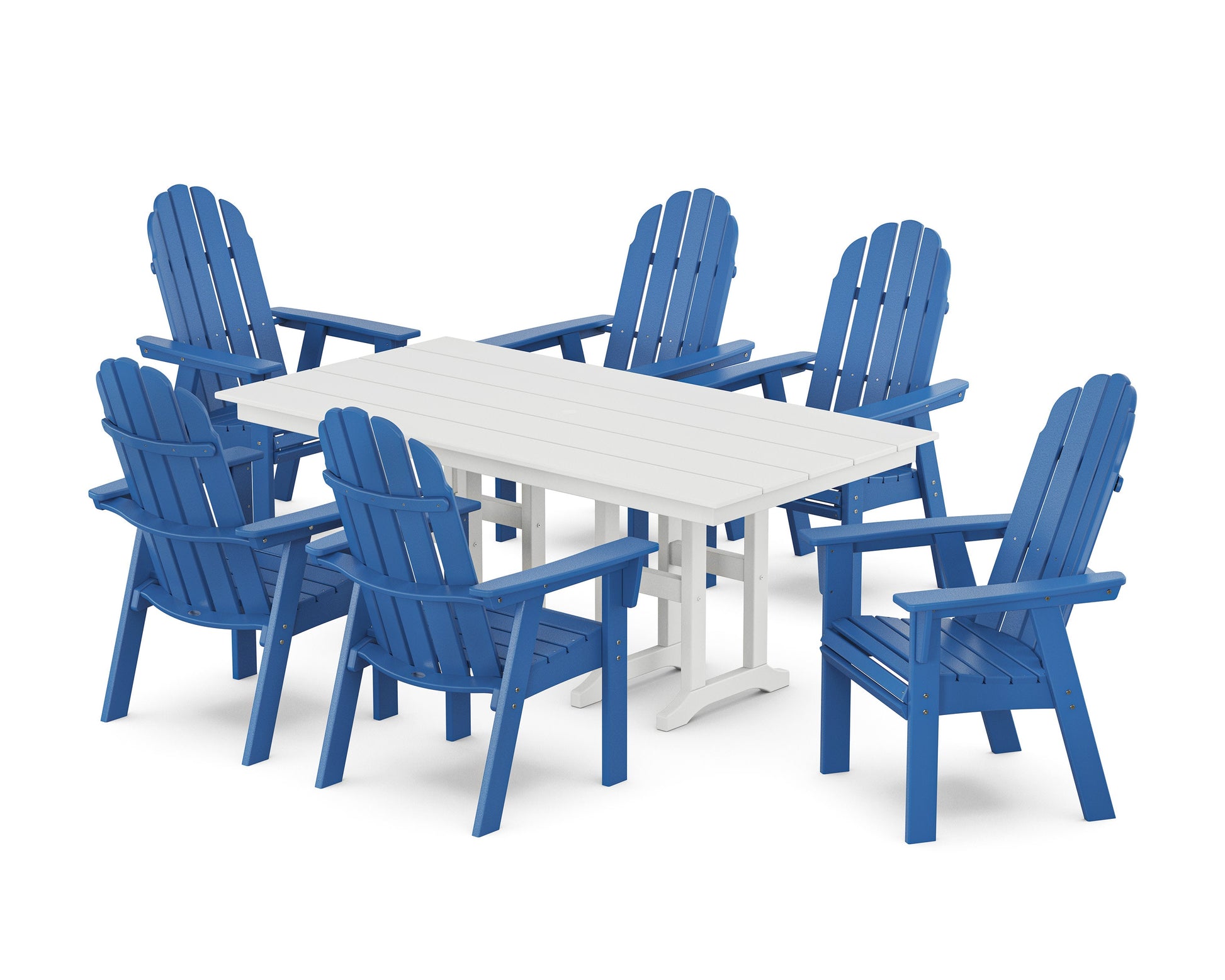POLYWOOD Vineyard Curveback Adirondack Chair 7-Piece Farmhouse Dining Set — Pacific Blue / White